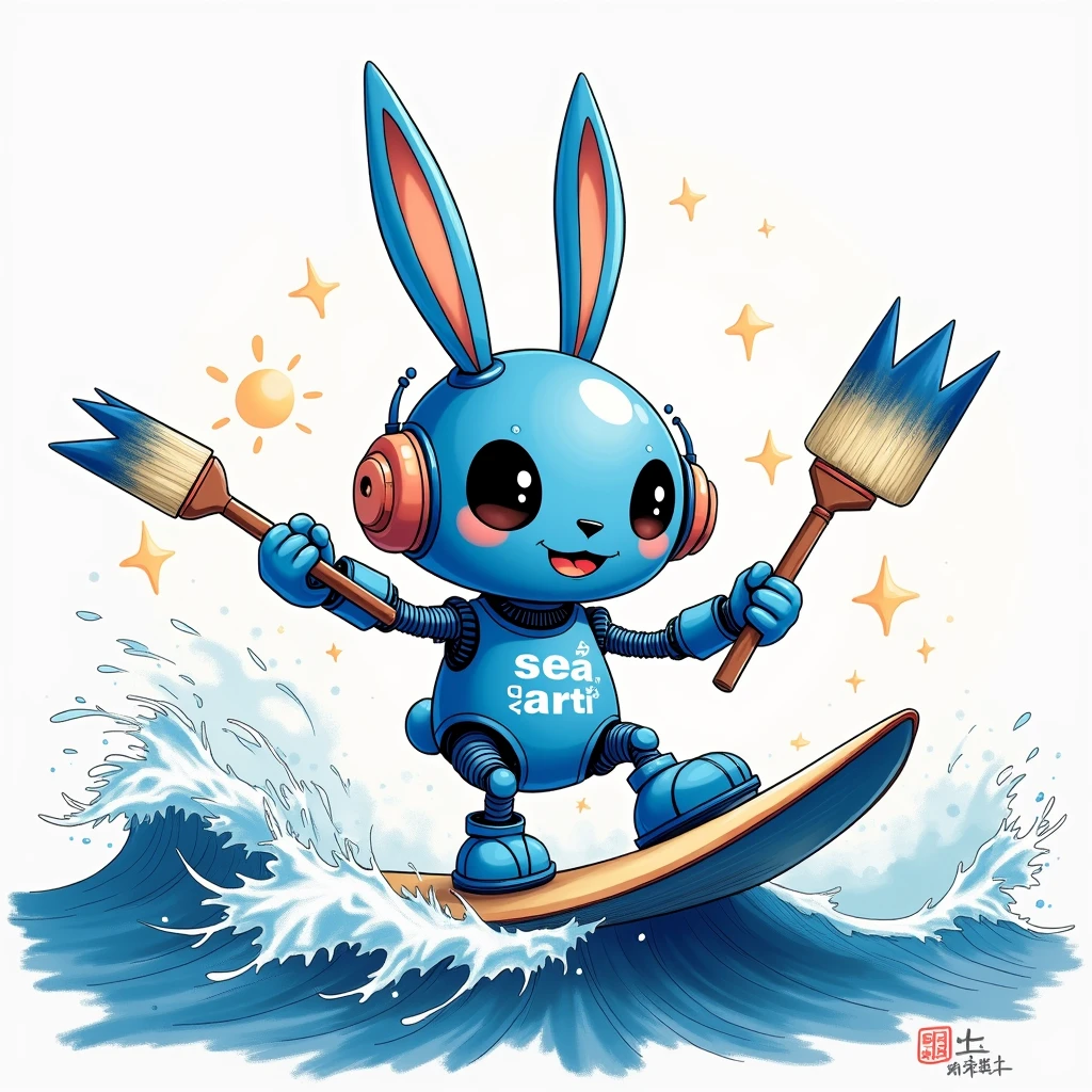 Ink Wash Painting style，A cute blue and white rabbit robot holding painting tools as weapons，earphone，Smiley Face，Surfboard，Surfing，Waves，Dynamic，There are words on the bodySeaArt