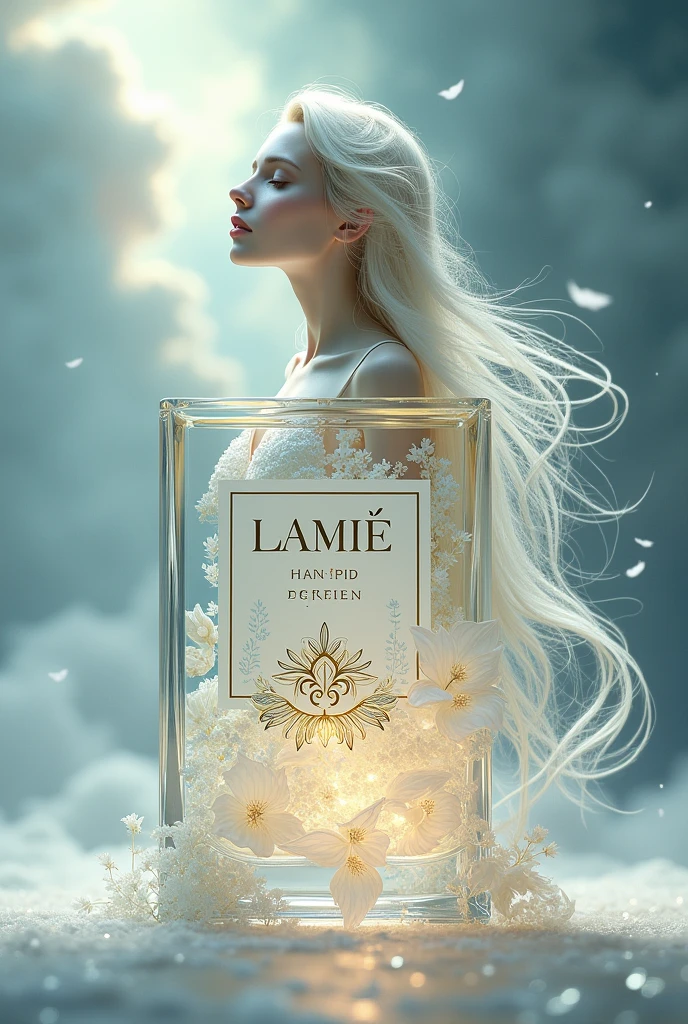 Create a brunette woman from (((whole body))) holding a perfume with the words Usumaki written on it