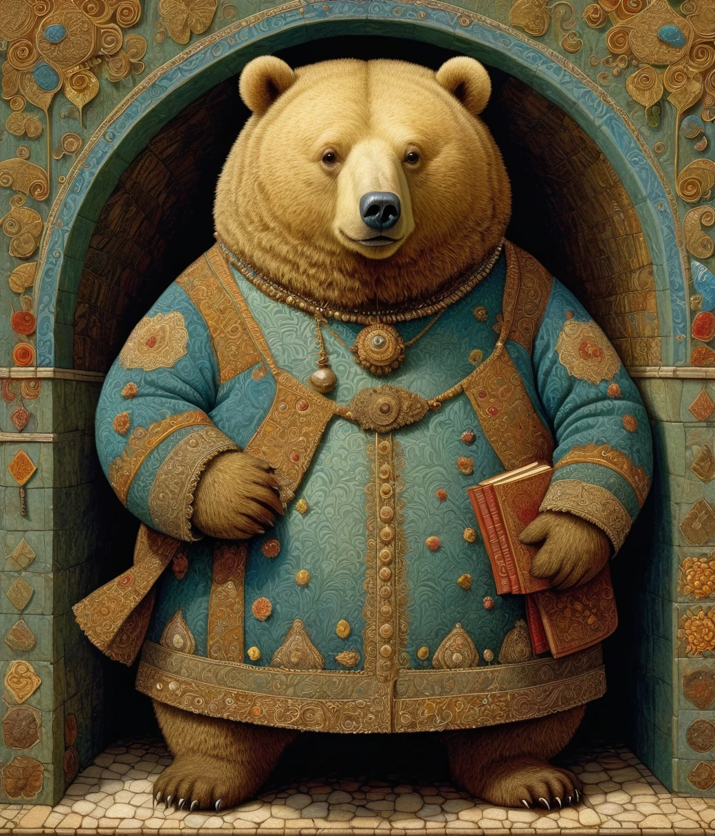 James C. Christensen Style page, (cute, chubby, male, bear), hires textures, highly detailed, intricate details, best quality, masterpiece