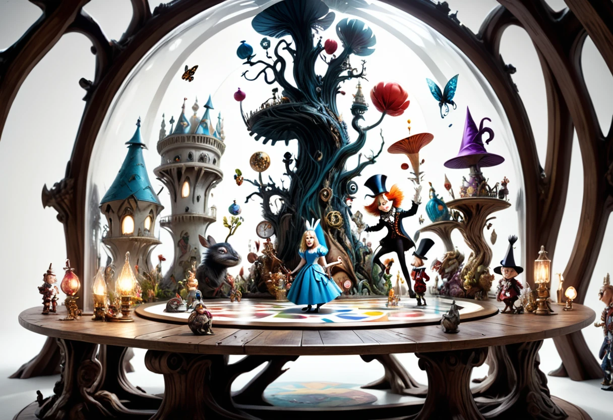 Hyper-maximalist, extremely intricate, chaotic, abstract, bedlam, image of a landscape with 12 character: a children, a mother, a lover, a jester, a queen, a magician, a rebel,  a sage, a guy of next door, an hero, an explorer, an artist around a round table in  a glass dome. 3D animated Disney "Alice in wonderland" inspired..White background.