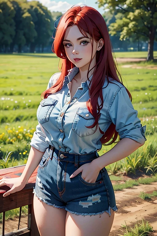 highest quality image, big farm girl , long red hair, big lips, bbw, chubby, Red flannel shirt unbuttoned, low waist denim shorts, , countryside