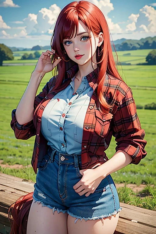 highest quality image, big farm girl , long red hair, big lips, bbw, chubby, Red flannel shirt unbuttoned, low waist denim shorts, , countryside