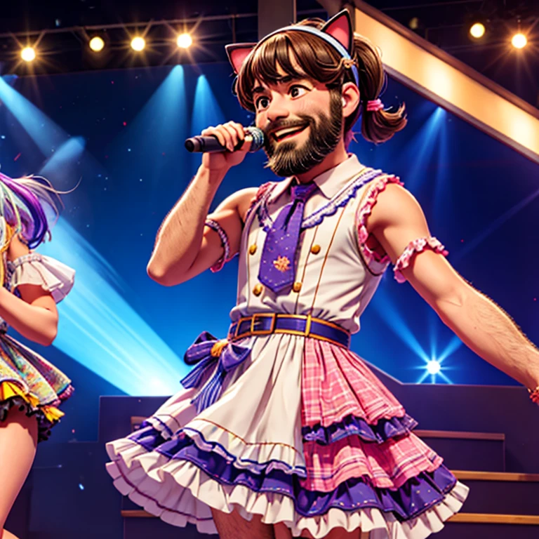 Night live stage, bearded middle-aged man, smiling, summer idol frilly dress costume, cat ears hair band, twin tail hair, singing, colorful neon