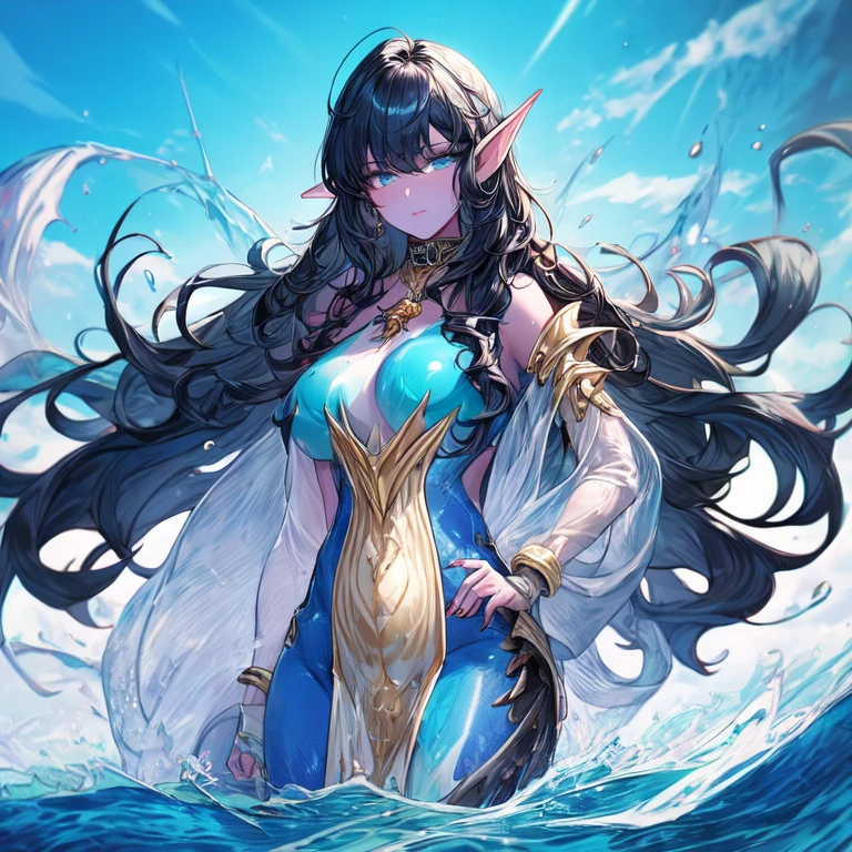 a woman with blue hair and a teal flowy ballgown is standing, teal silk top, silky flowy skirt, golden jewelry, style artgerm, trending artgerm, artgerm style, artgerm lau, style of artgerm, artgerm and rossdraws, blue tiefling, extremely detailed artgerm, as seen on artgerm, like artgerm, artgerm art, siren eyes, flowy ballgown, teal gown, blue tiefling, blue skin, siren, pearl necklace, sea elf, azure complexion, siren eyes, seductive eyes, slim body, slim figure