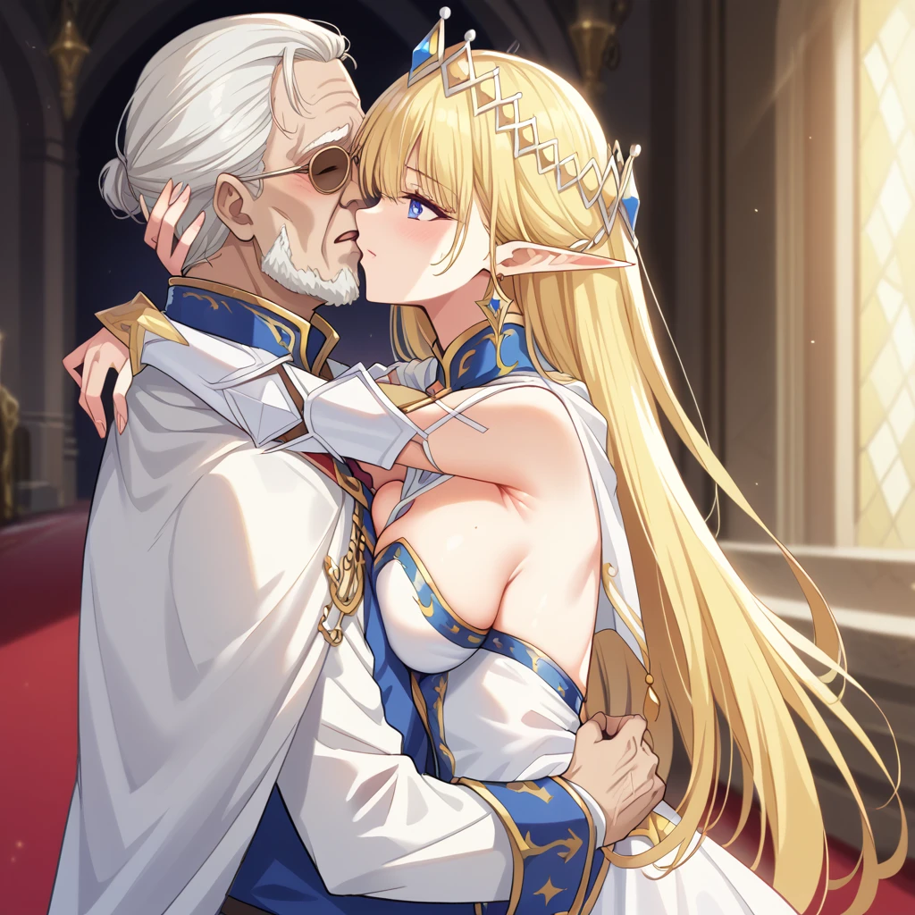 ((Best Quality)), ((masterpiece)), (detailed), （Perfect Face）、The woman was Seras Ashlain, a blonde high elf queen wearing a royal white dress with gorgeous gold embroidery and trim, adorned with gorgeous jewelry and an engagement ring.、A king and queen, a woman embracing an elderly man on a large, luxurious throne、The old man is the king