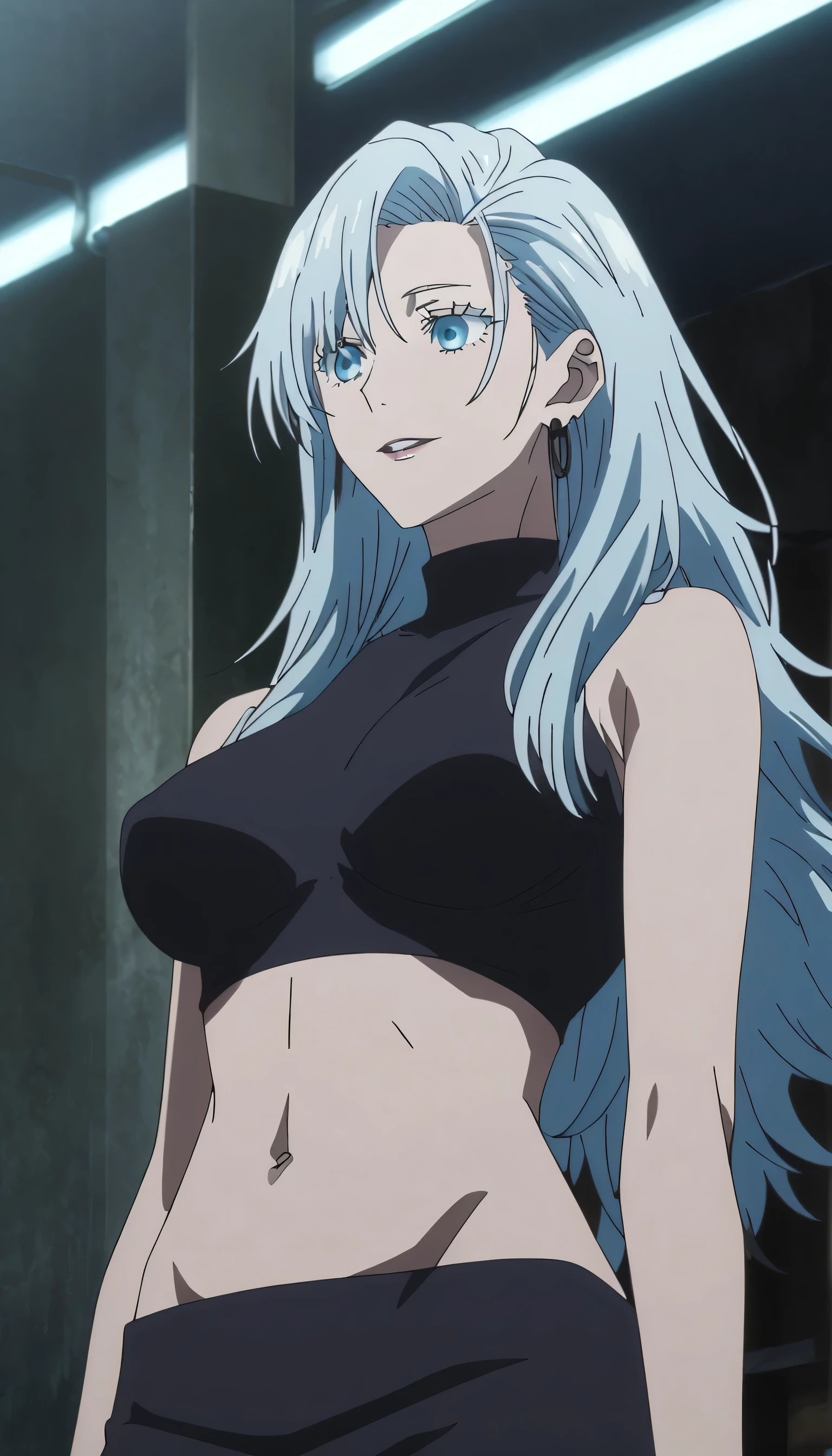 1girl, female gojo satoru, anime screencap from jujutsu kaisen, gojo satoru female version, solo, long_hair, ((Blue eyes,)) ((Silver_hair, hair over ear from one side))((slicked hair)) , night view, (hanging breasts) upper_body, smile, indoors, parted lips, (long hair) ((wearing mini black dress)) , (Belly Button ) ((Middlebreasts)) , glossy)) breast, "very detailed and high resolution" ((solo)) (((front view))) (earings) ((high resolution)) ((good quality)) ((silky hair, hair over ear from one side))((hair slicked)) ((parted lips)) ((full body))