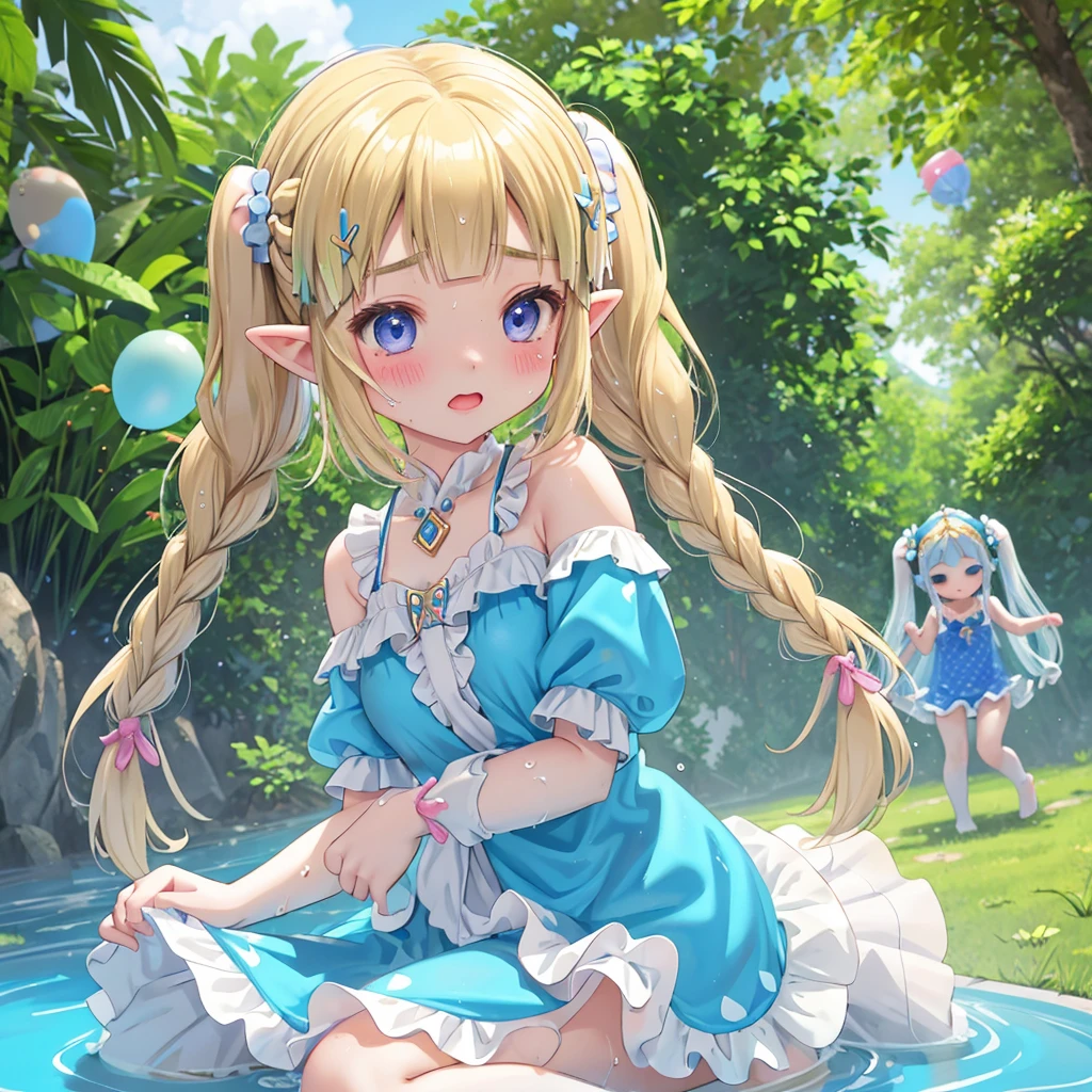 Princess Zelda、、Children、nature、Slime、Swimwear、Polka dot pattern、Frills、Twin tails、Braids、Outdoor sex、sweat、Get wet、Dripping、Rubber balloon、
