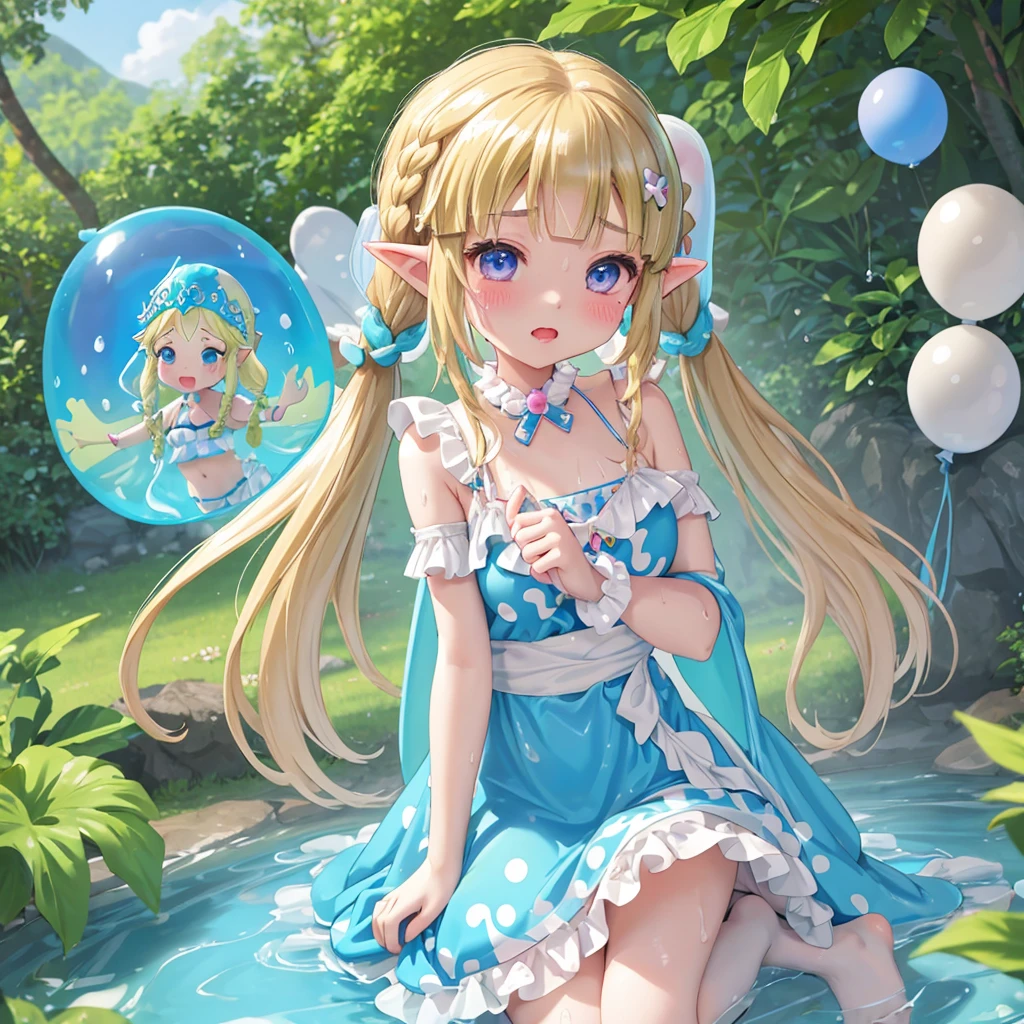 Princess Zelda、、、nature、Slime、Swimwear、Polka dot pattern、Frills、Twin tails、Braids、Outdoor sex、sweat、Get wet、Dripping、Rubber balloon、
