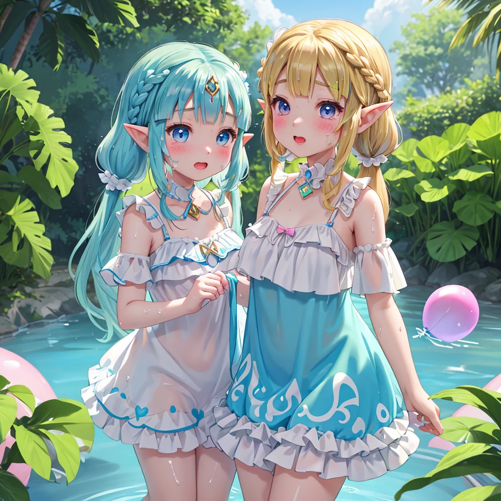 Princess Zelda、、Children、nature、Slime、Swimwear、Polka dot pattern、Frills、Twin tails、Braids、Outdoor sex、sweat、Get wet、Dripping、Rubber balloon、
