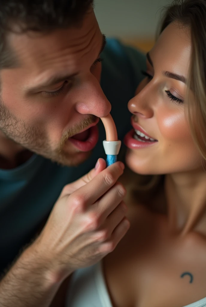 Woman licking her boyfriend's penis, he has it in his mouth and is choking