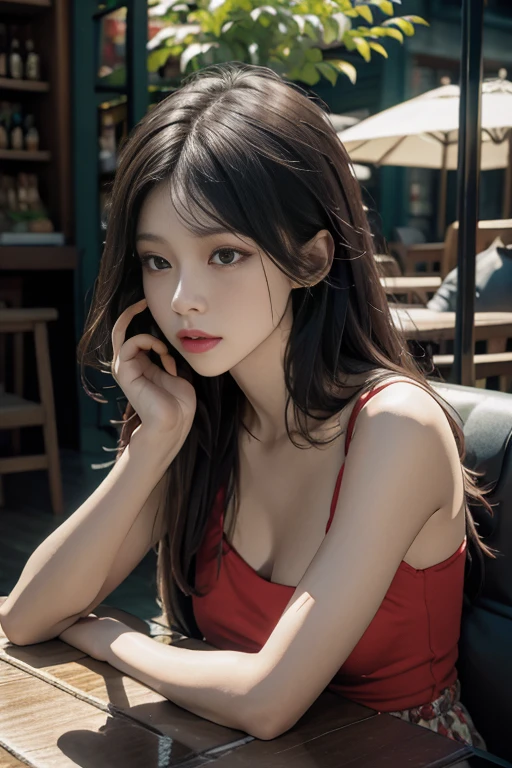 uma mulher, brown hair, olhos castanhos, Corpo em forma, cabelos longos, cabelo partido no meio, Cabelos lisos, red dress, inside a restaurant, corpo detalhado, Olhos detalhados, master part, best quality, alta qualidade, RAW Camera, Realistic, pessoa real, korean,