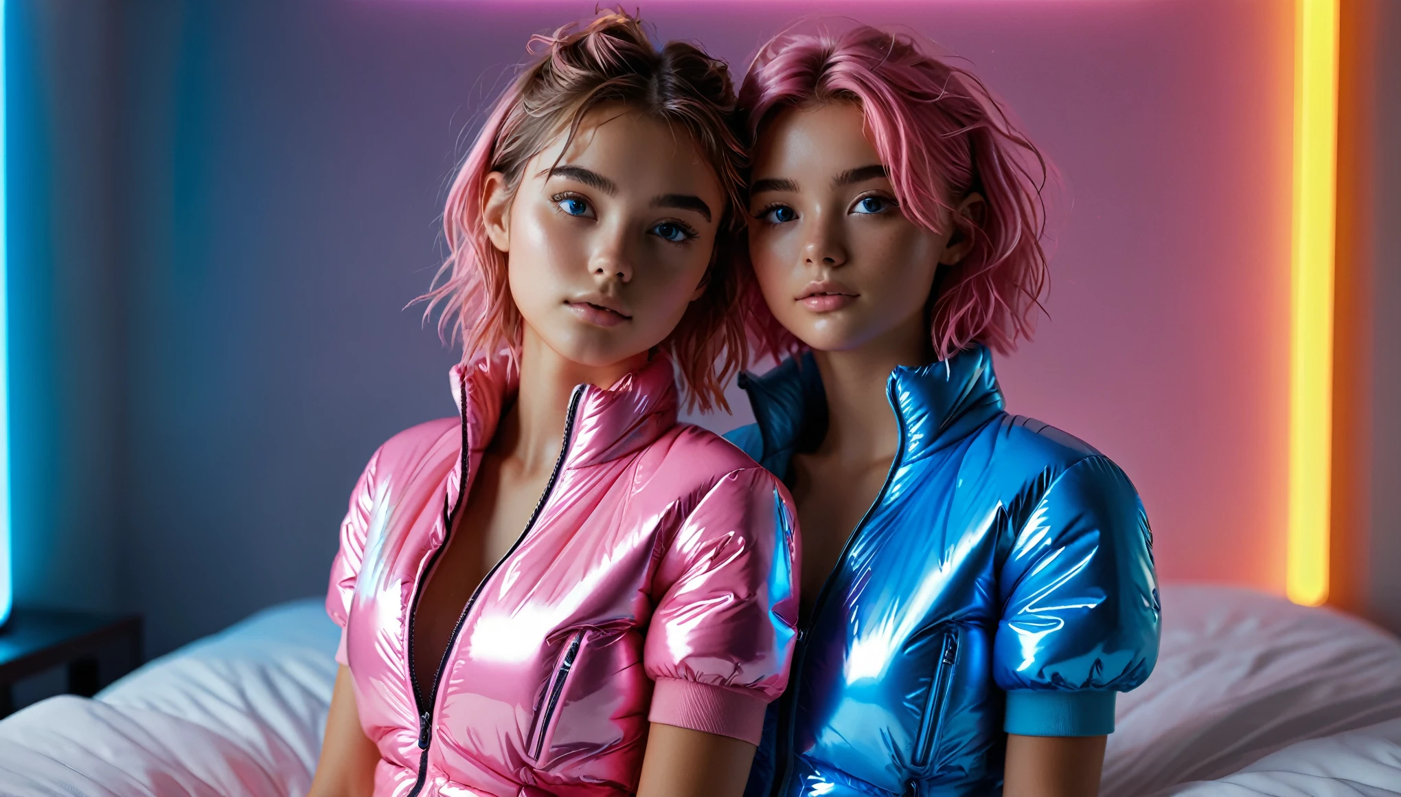 Top Quality, Masterpiece, High Resolution, 8k, ((2 cute barely legal girls in light pink blue open shiny puffer with plunging neckline, short sleeves, wide neckline, deep neckline, small perky breasts, extremely detailed face, detailed slightly open eyes, beautiful detailed lips, short asymmetrical pixie hair, small hips)), in a spaceship, on bed, intricate details, at night, backlit, random neon color, full body shot, view from distance, random pose