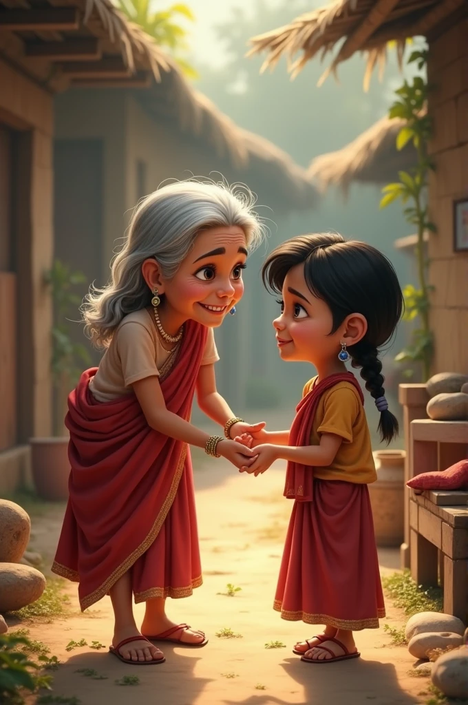 Create 3d  cartoon character image of grandmother sitting with her Grand daughter create a realistic view of God in which hindu
 God temple 
is also included and telling stories about God and granddaughter lost in this imagination 