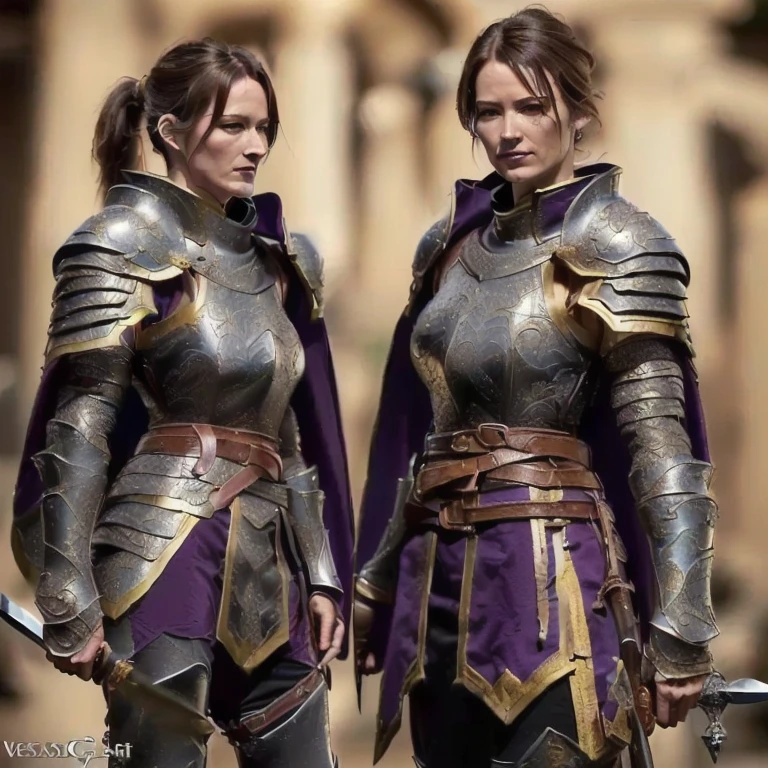 Super Real, ((Best Quality)), Extremely detailed. Full body portrait (((3 female。Veteran Mercenary。Large build with broad shoulders and slender, muscular build。Facial scars。Well-used, dirty and scratched plate mail。Purple short cape。Upper Arm Armor、Elbow Armor、Thigh and shin guards、Waist guard with kusazuri armor。Heavy Gauntlets。Captain class long sword。Heater shield with rose pattern。Right foot on helmet。Dagger and mace on belt。Model: Sienna Guillory。Hair up in a ponytail。 A straight nose、Beautiful, precise images down to the finest detail、The face is a little long, The eyes are wide open and the eyeliner adds detail and light.。 Thin eyebrows with a &#39;ㇵ&#39; shape。A look of surprise and confidence。system：Wide shoulders 1.8.　Long neck。Tight waist 1.６。Big Breasts 1.4。Slightly wide hips))) (((Evening scenery。A deserted outskirt、Moroccan landscape、)))
