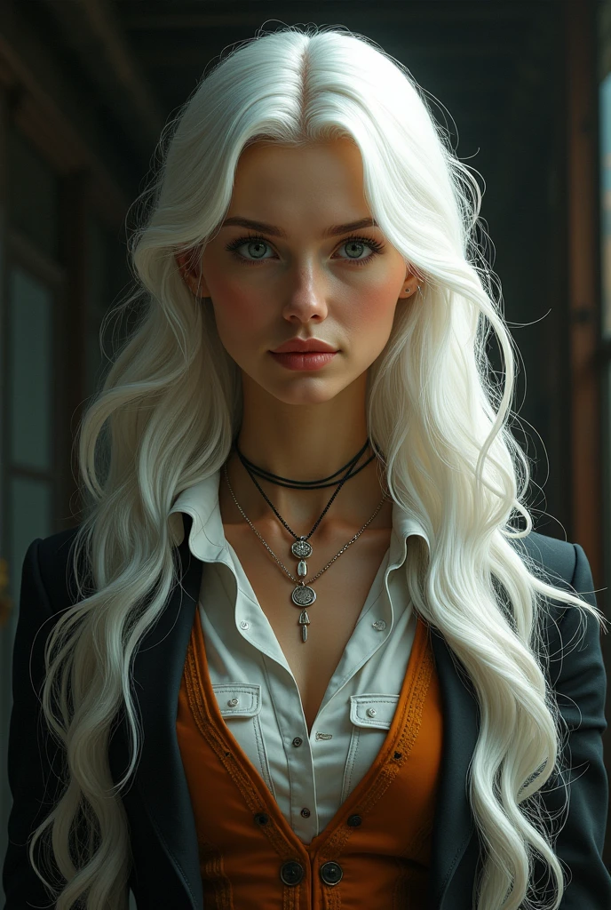 Woman drinking in tavern, long curly hair, White hair, Vampire, busty, Detailed clothes in dark colors, Oil Painting, Detailed face,nffsw, hard disk , 8K, full-body view , Side view, Hyper-Realism, Very detailed, Zoom Out View, Full characters in the view