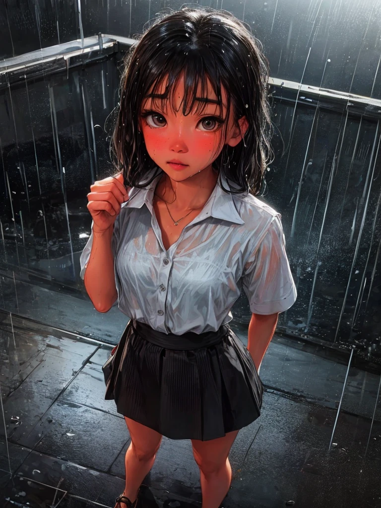 ultra-detailed, vibrant colors, soft natural lighting, fine art, bokeh effect. upper body, casual outfit, medium shot, big eyes, huge eyes, ((standing)), ((raining:1.4)), under the rain, ((gray colours:1.5)), ((at night)), ((dark atmosphere:1.5)), ((small breasts:1.3)), ((flat chest)), ((neon lights:1.4)), ((Hong kong view on the background:1.4)), ((wet hair:1.5)), ((wet:1.4)), ((mini skirt:1.4)), ((view from above:1.4))