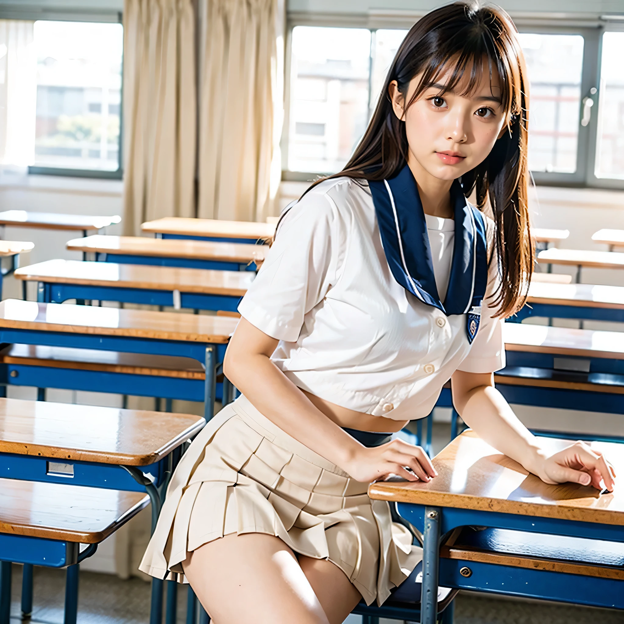 ((high quality,high resolution,High definition,8k)),School classroom, Girl,Long Black Hair,Red ribbon on hair,Navy blue long skirt,Japanese Sailor Suit,Blue and white slippers,White socks,Study desk learning,((((very cute)))),((What to wear(School uniform) or miniskirt kimono or completely naked)),(((When you&#39;re naked　perfect pussy))),((Realistic schoolgirl vagina:1.2)),(Very childlike),