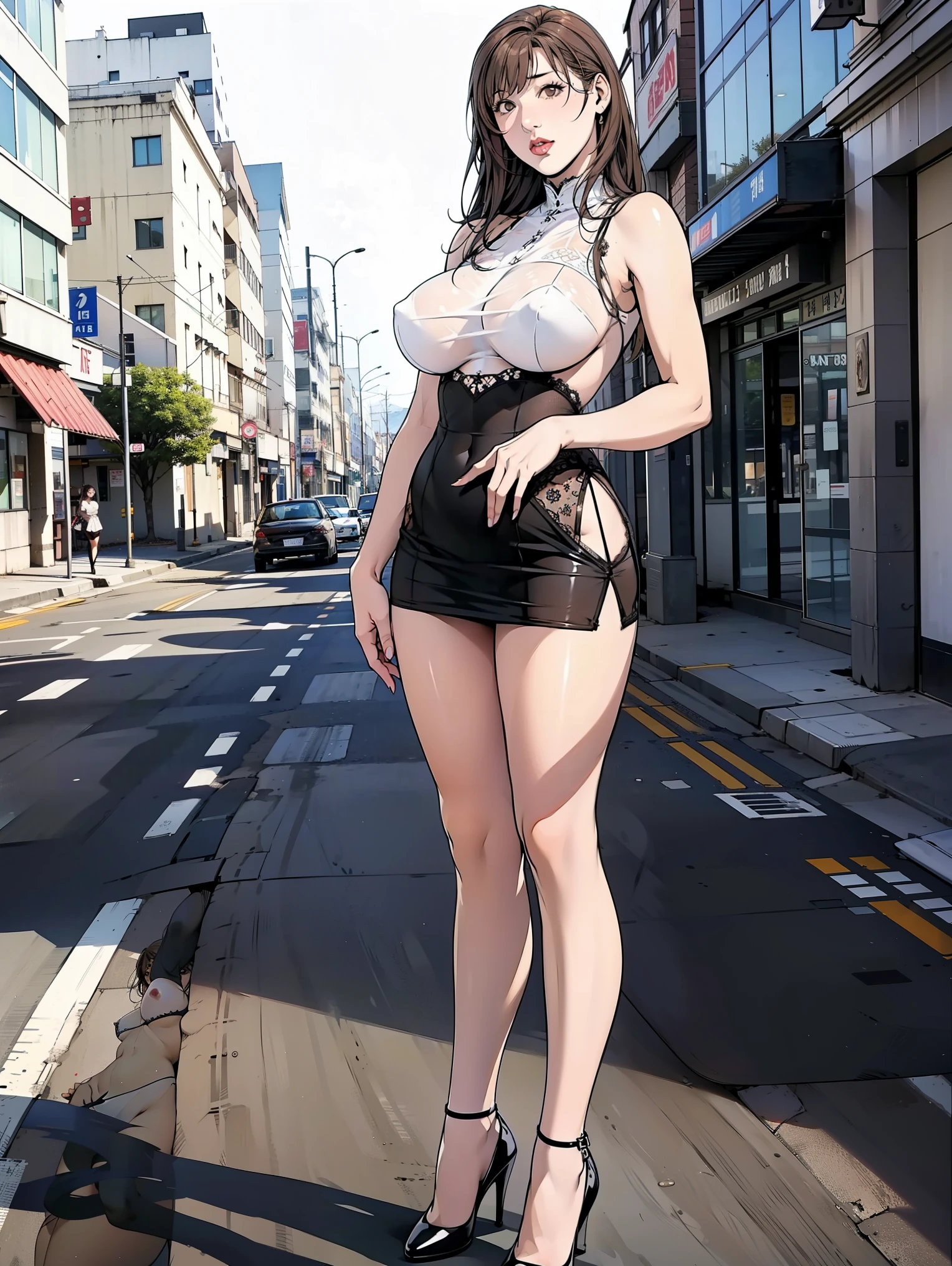 (masterpiece, Best Quality:1.2), One Girl, Alone, whole body, Big Breasts,, Brown Hair,Big Breasts, Ultra mini skirt,Panties are visible,Transparent lace outfit,Revealing outfits,Brown eyes, Mature Woman, Red cheeks, , She is standing on the street,whole body, Brown Hair, lipstick, White skin, ((Wear black high heels)), Being seen by many people,