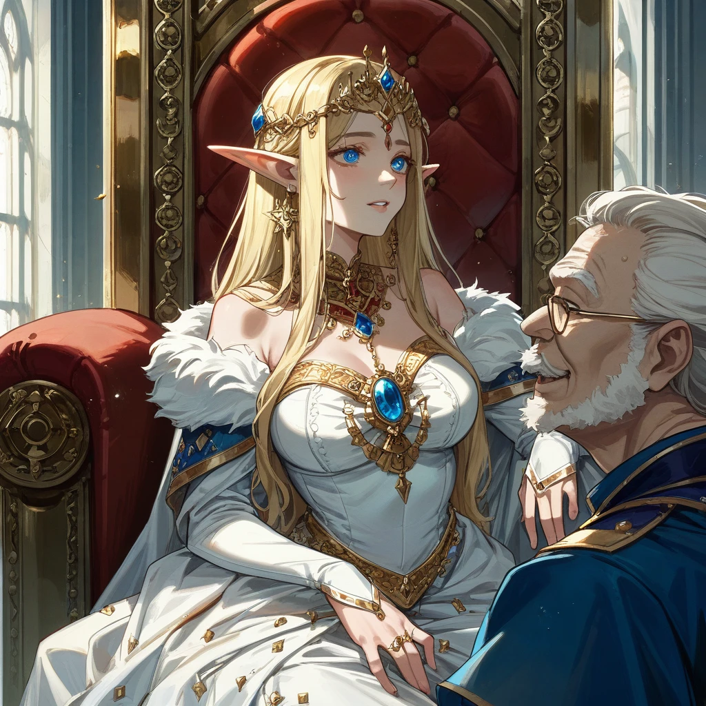 ((Best Quality)), ((masterpiece)), (detailed), （Perfect Face）、The woman was Seras Ashlain, a blonde high elf queen wearing a royal white dress with gorgeous gold embroidery and trim, adorned with gorgeous jewelry and an engagement ring.、A king and queen having sex with an old man on a luxurious and large throne、The old man is the king