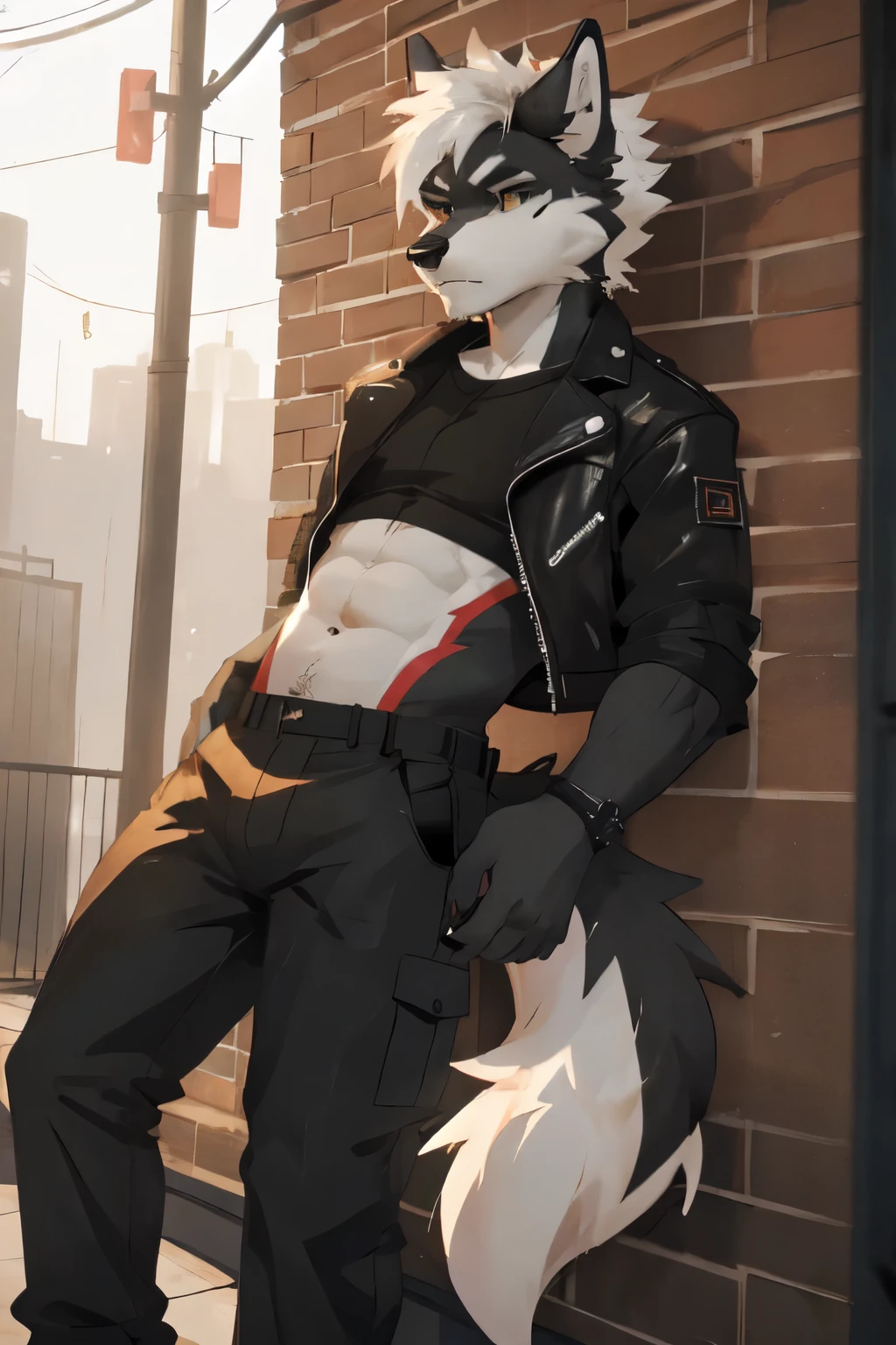 Anime - style photo of a man wearing a red jacket and black pants(Put your hands on your hips), NSFW, fursona wearing stylish clothes, Fox Club, anthropomorphic cyberpunk fox, Commission for high resolution, Full body commission, an anthro wolf, dressed casually, pov furry art, dressed casually, furry breasts, The erection, Large male genitalia