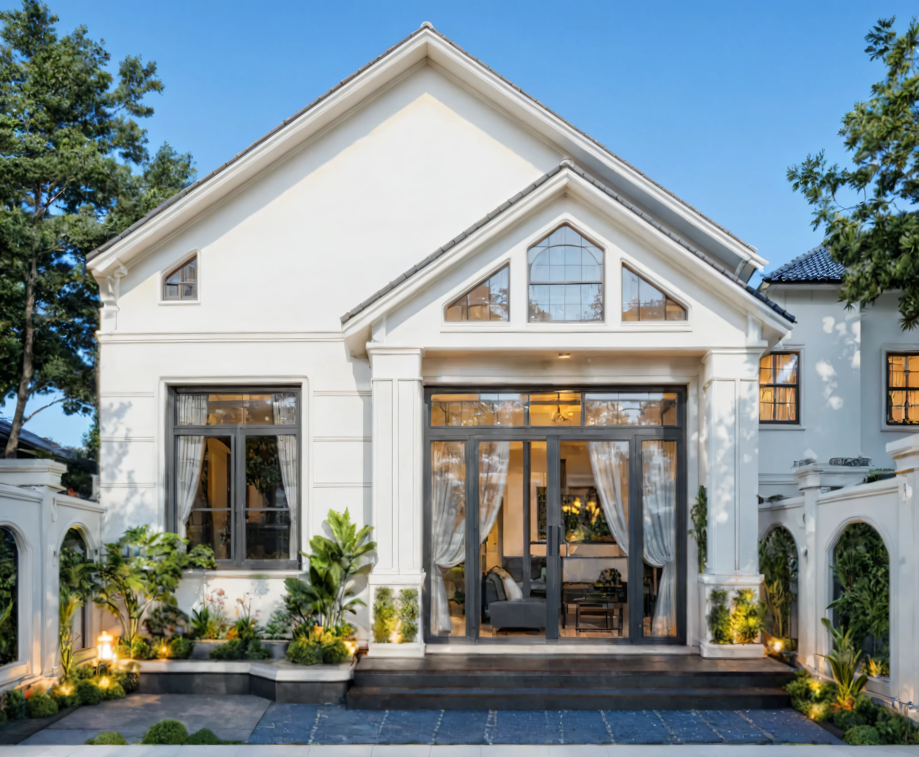 (masterpiece:1.2), best quality, photo of A two-story modern house with white walls and dark blue tiles on the roof., tree and plant, streetcapes, natural light, vivid color, The exterior of an elegant single family home features large windows, a dark gray door frame.