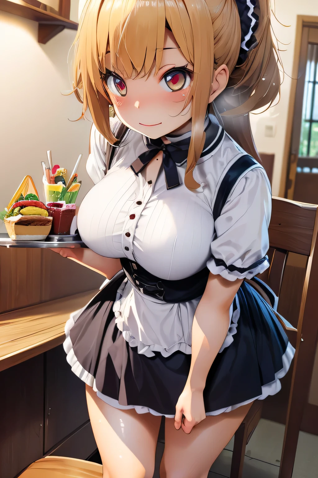 (very detailed CG Unity 8K 壁紙),(masterpiece), (Best Quality), (Very detailed), (Best illustrations),(Best Shadow), (Camel Toe 1.2)、Heart Eyes、Big Breasts(Emphasis on leaning forward 1.2)、Tight waist、Perfect Body、(Hair tied up、Bangs up 1.2)、Maid Cafe、Waitress、Holding a tray