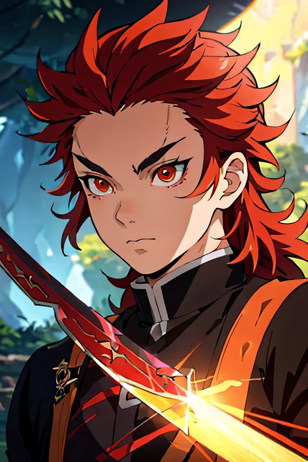A detailed, red hair and striking orange highlights, dressed in the style of the Demon Slayer anime, holding a katana sword, beautiful detailed eyes, extremely detailed eyes and face, long eyelashes, intricate hairstyle, portrait, highly detailed, 8k, photorealistic, cinematic lighting, vibrant colors, dramatic atmosphere, fantasy concept, male, demon slayer, red hair, male, boy, spiky hair
