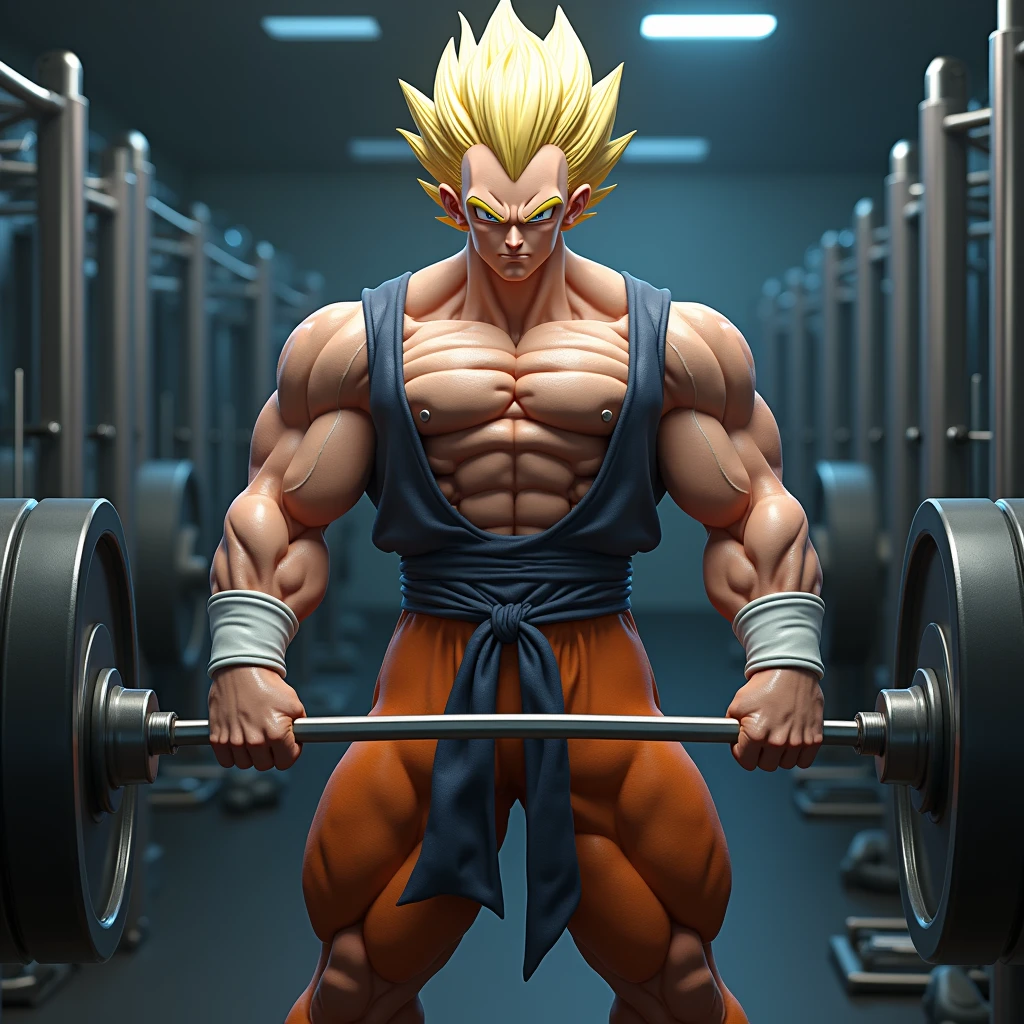 (Eine detaillierte Zeichnung von goku, Bodybuilding-Fitnessstudio.),Anime Bild, With bare upper body, tearing clothes, the strongest of all, huge muscular body, Big Bizeps, large shoulders, Muskelbeine,Abs, Barefoot, Kampfkunst, Kick with foot, Full body image, Rear view, seitliche Brust, knirschen, beserk, Barefoot, sole of the foot , Zehen, Anime stil 