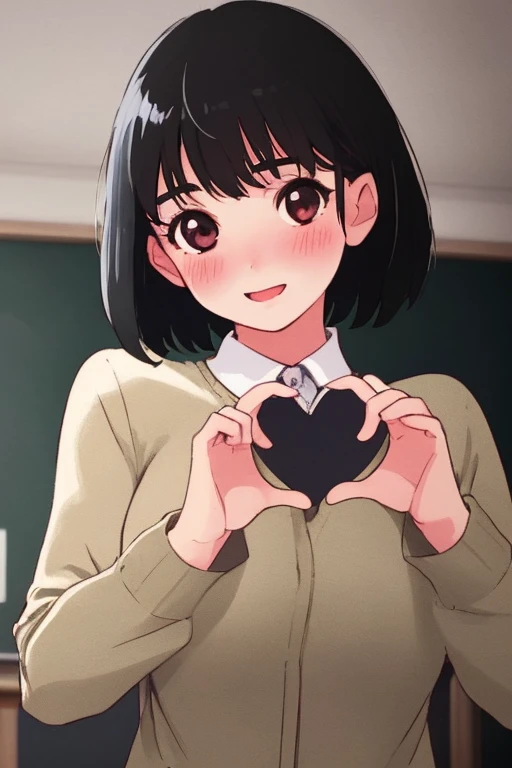 1girl, short black hair, excited expression, blushing, school uniform, hands making heart shape on chest, large bust, detailed bedroom interior, award-winning illustration, high quality, photorealistic, 8k, cinematic lighting, vibrant colors, dynamic pose