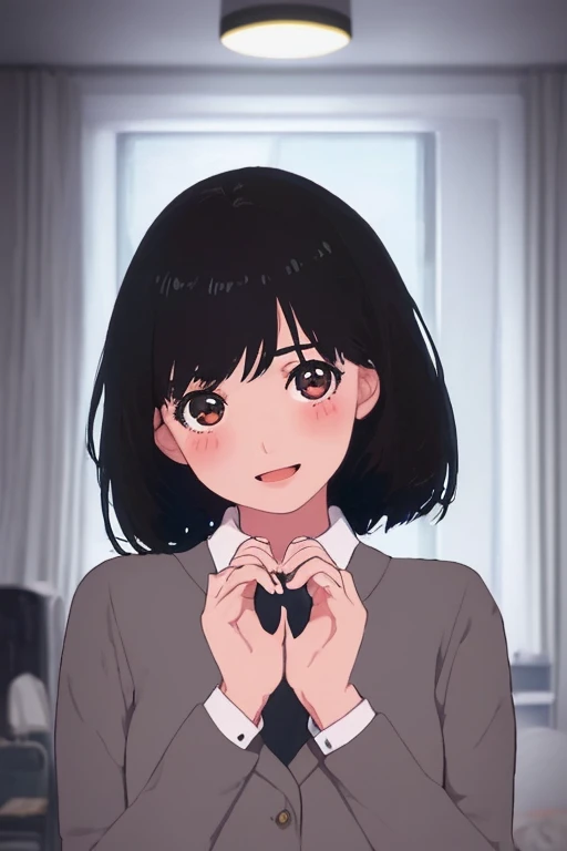 1girl, short black hair, excited expression, blushing, school uniform, hands making heart shape on chest, large bust, detailed bedroom interior, award-winning illustration, high quality, photorealistic, 8k, cinematic lighting, vibrant colors, dynamic pose