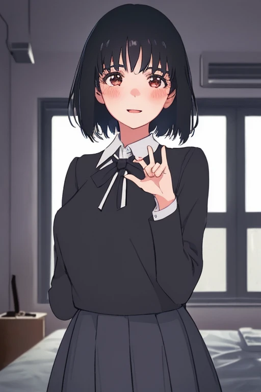 1girl, short black hair, excited expression, blushing, school uniform, hands making heart shape on chest, large bust, detailed bedroom interior, award-winning illustration, high quality, photorealistic, 8k, cinematic lighting, vibrant colors, dynamic pose