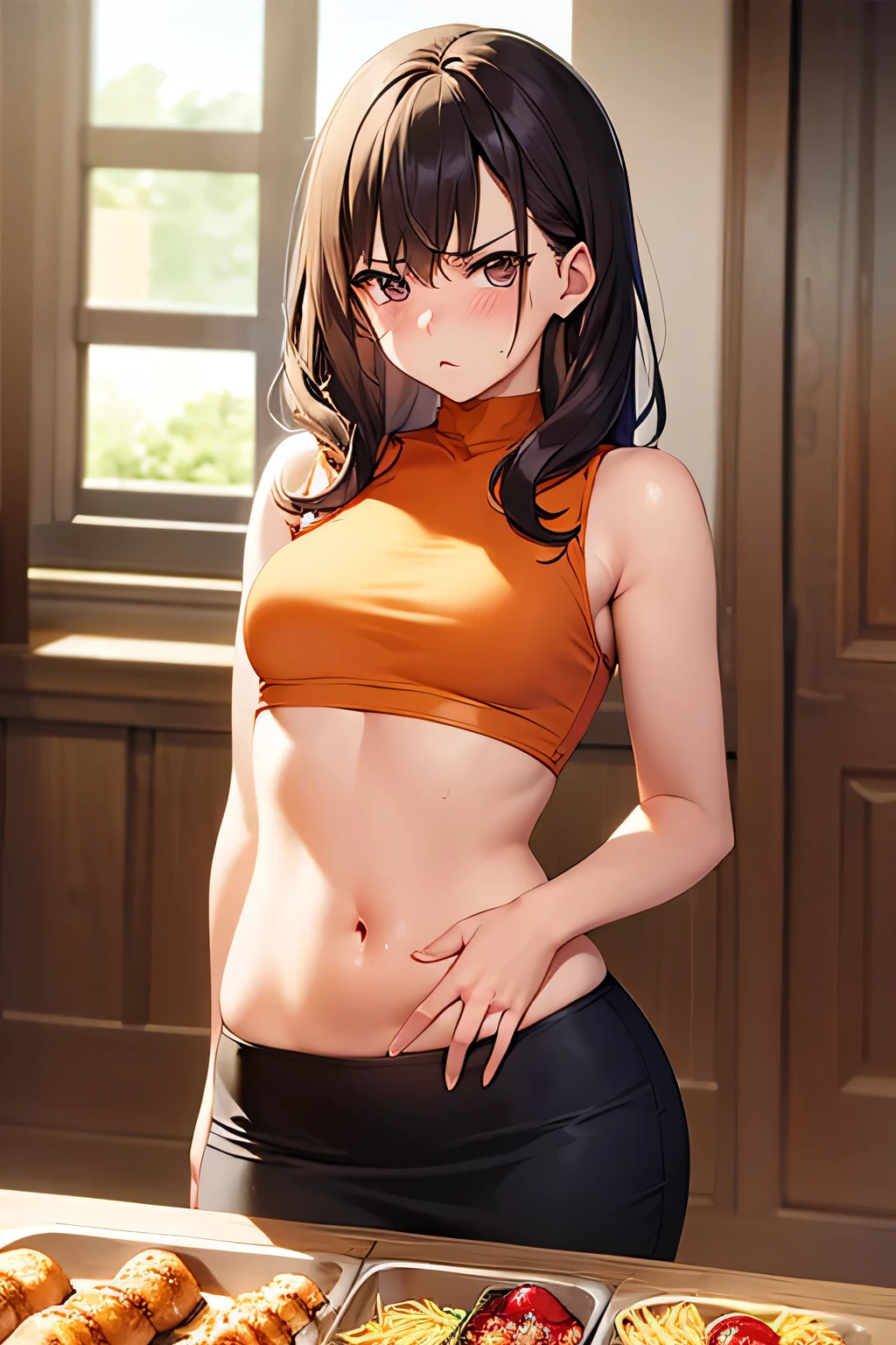 Cute girl, short brown hair, monkey hair covering her entire body, brown eyes, monkey ears, tank top, short pants, big breasts, exposed stomach, monkey tail, monkey skin