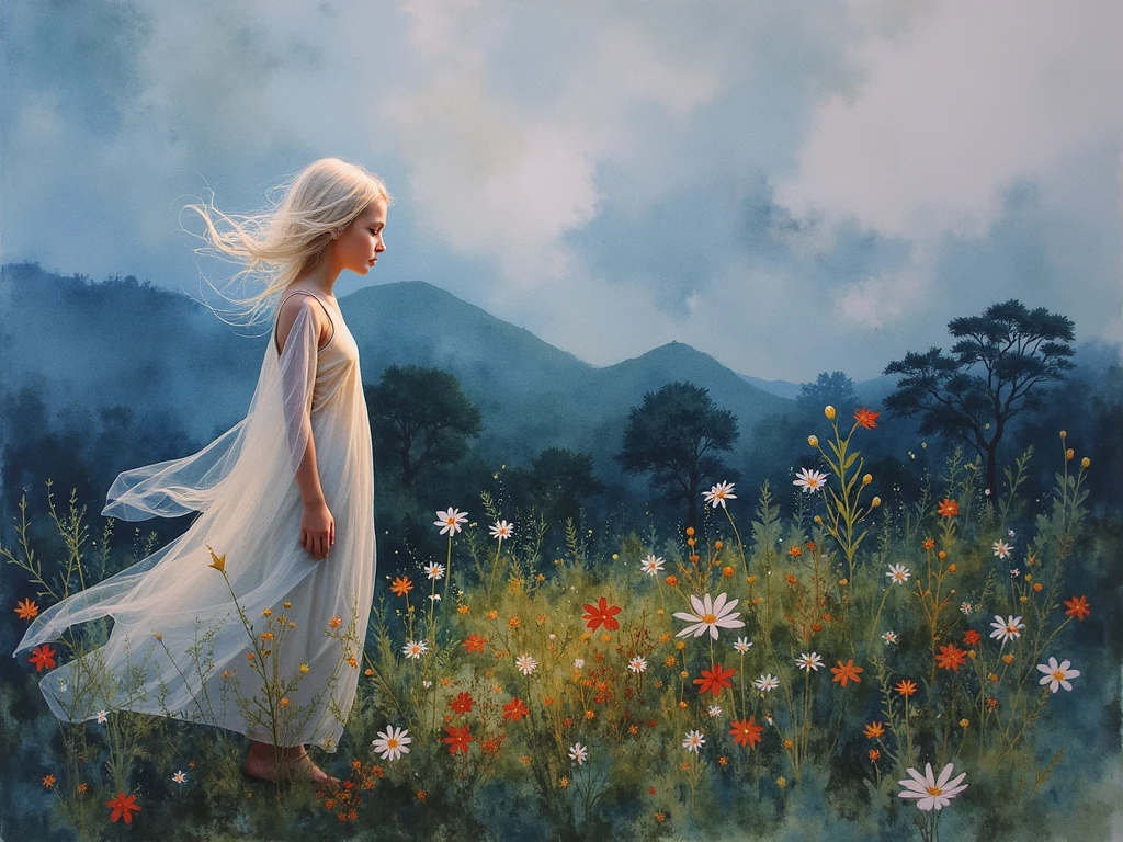 A girl troubled by love, healed by nature in the mountains while picking flowers. This painting is a beautiful poem that depicts the warm sunshine that fits in the great outdoors and the heart of a girl named Matilda in her adolescence.