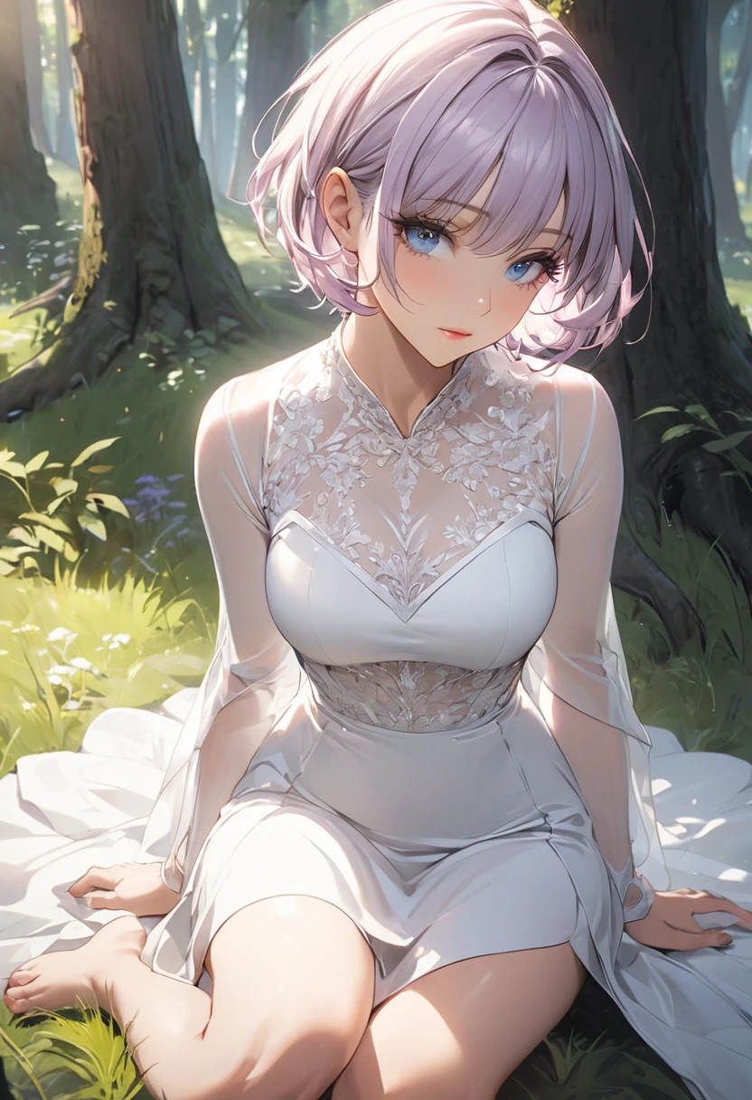(masterpiece, best quality), 1girl,Smoky Lilac Textured Bob, Size F breasts, <lora:girllikecampingtent:1> camping tent, open door curtain, pillow hug, frills chiffon pajamas, night