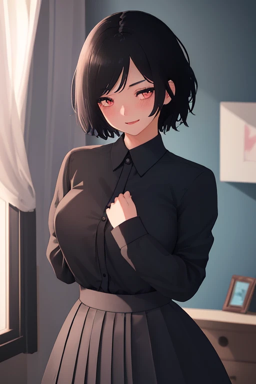 1girl, short black hair, excited expression, blushing, school uniform, hands making heart shape on chest, large bust, detailed bedroom interior, award-winning illustration, high quality, photorealistic, 8k, cinematic lighting, vibrant colors, dynamic pose