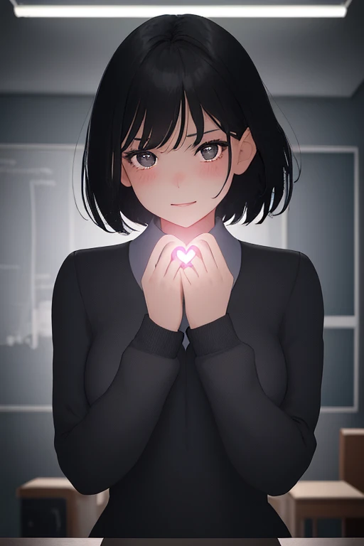 1girl, short black hair, excited expression, blushing, school uniform, hands making heart shape on chest, large bust, detailed bedroom interior, award-winning illustration, high quality, photorealistic, 8k, cinematic lighting, vibrant colors, dynamic pose