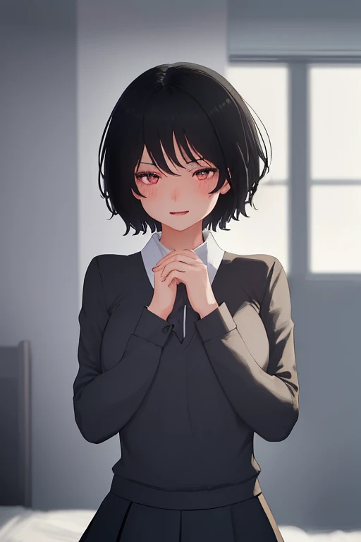 1girl, short black hair, excited expression, blushing, school uniform, hands making heart shape on chest, large bust, detailed bedroom interior, award-winning illustration, high quality, photorealistic, 8k, cinematic lighting, vibrant colors, dynamic pose