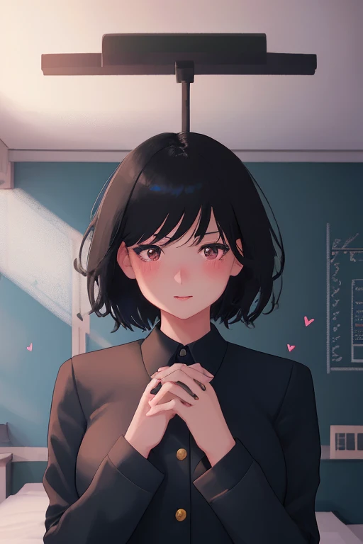 1girl, short black hair, excited expression, blushing, school uniform, hands making heart shape on chest, large bust, detailed bedroom interior, award-winning illustration, high quality, photorealistic, 8k, cinematic lighting, vibrant colors, dynamic pose