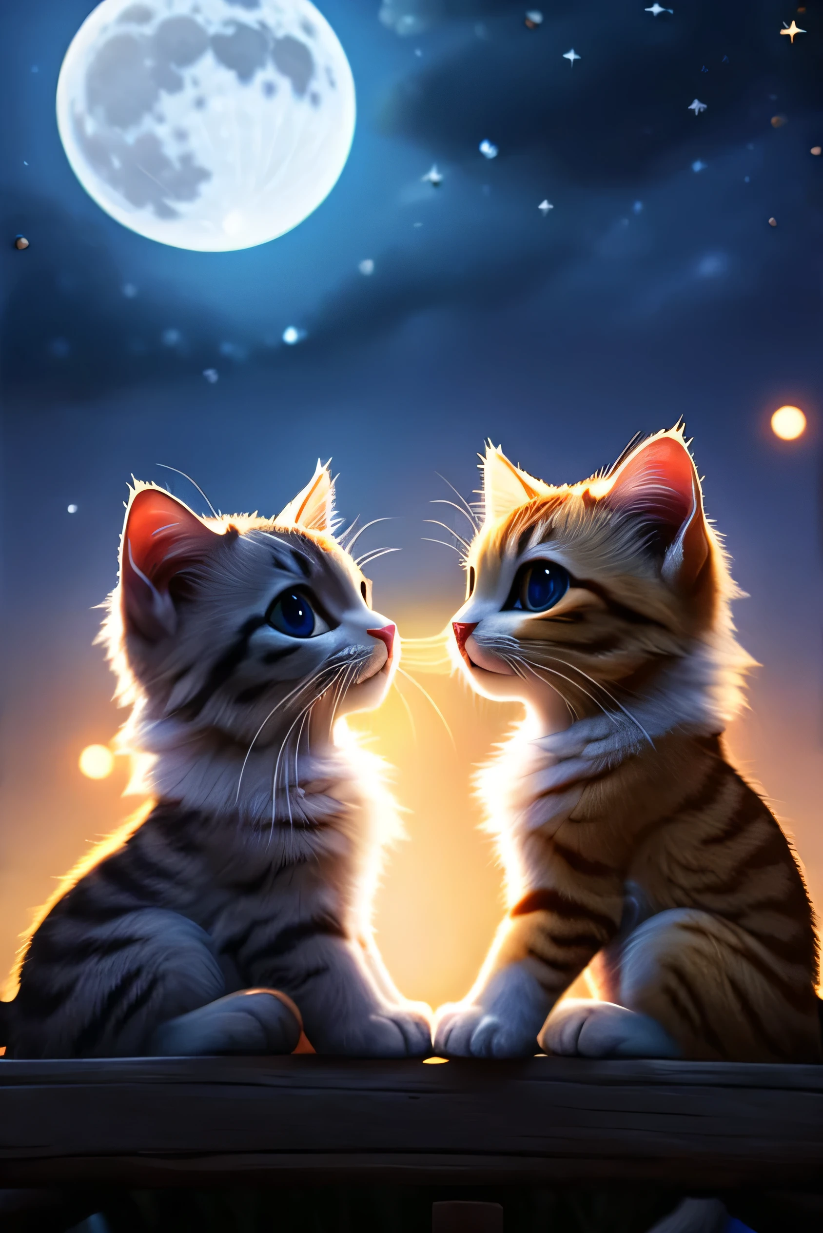 (Highest quality、masterpiece、8k))、Anatomically correct、Very detailed、High resolution、Cinematic lighting、Realistic、Intricate details、Two kittens、Big head、Beautiful white moonlit night、full moon、Big Moon、肩を並べるTwo kittens、並んで寄りかかるTwo kittens、silhouette