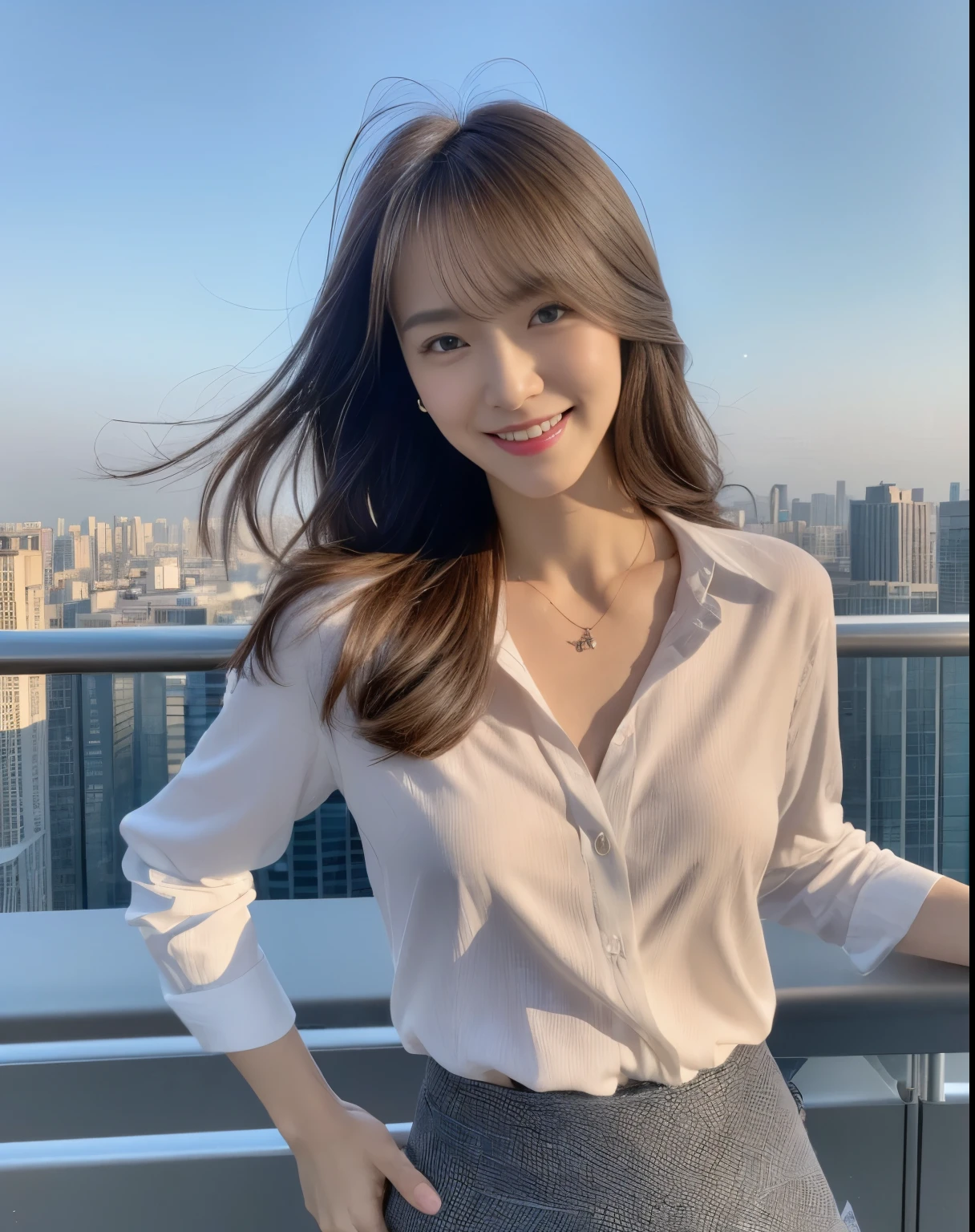 (masterpiece:1.3), high resolution, ultra detailed, 16K, 8K, best quality, (photo Realistic:1.4), (hyper Realistic:1.4), (Realistic:1.3), RAW photo, (Smoother lighting:1.05), (Improving the lighting quality of movies:0.9), Realistic lighting, (Bright light:1.2), 1girl,one woman, 30 yo, (Japanese:1.2), japanese woman, (8 head tall:1.2), (Gentle-Smile:1.1), looking at viewer, (solo:1.5), (cowboy shot:1.4), accurate, Anatomically correct, (Improvement of quality:1.4), (Highest quality real texture skins:1.4), (light eyebrows:1.2), Both eyes are the same size, Symmetrical eyes, (thin eyebrows:1.2), Detailed eyes, Detailed face, Quality Eyes, (brown hair, colored inner hair, messy hair,swept bangs), (slender:1.5), (Abs:1.3), small breasts,Super detailed, Fine details, High resolution, messy hair, necklace, wearing shirt, wearing pencil skirt, blue sky, Skyscraper rooftop