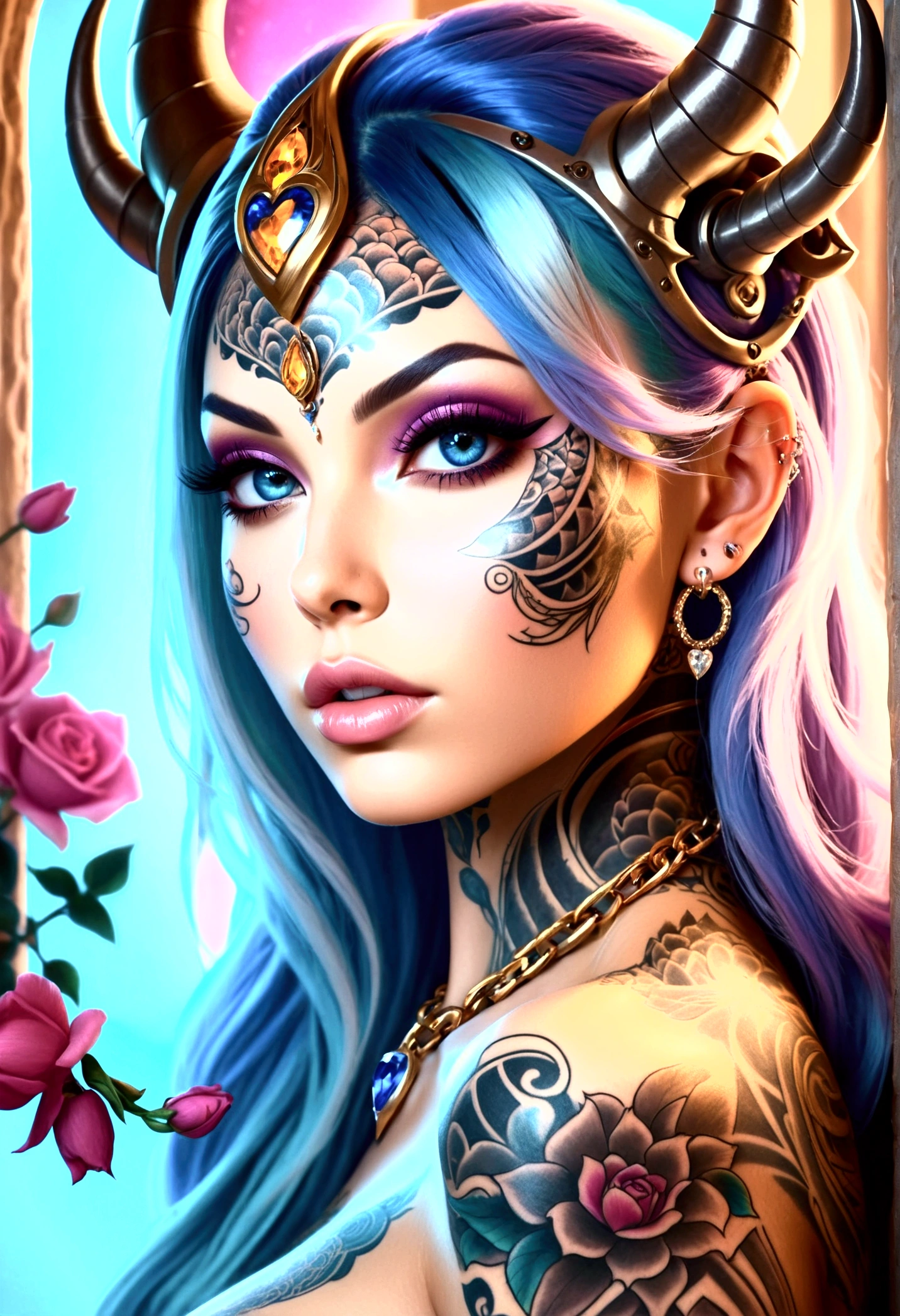 high resolution photo of (detailed face) female gold sugar skull makeup background colorful hdr 35mm