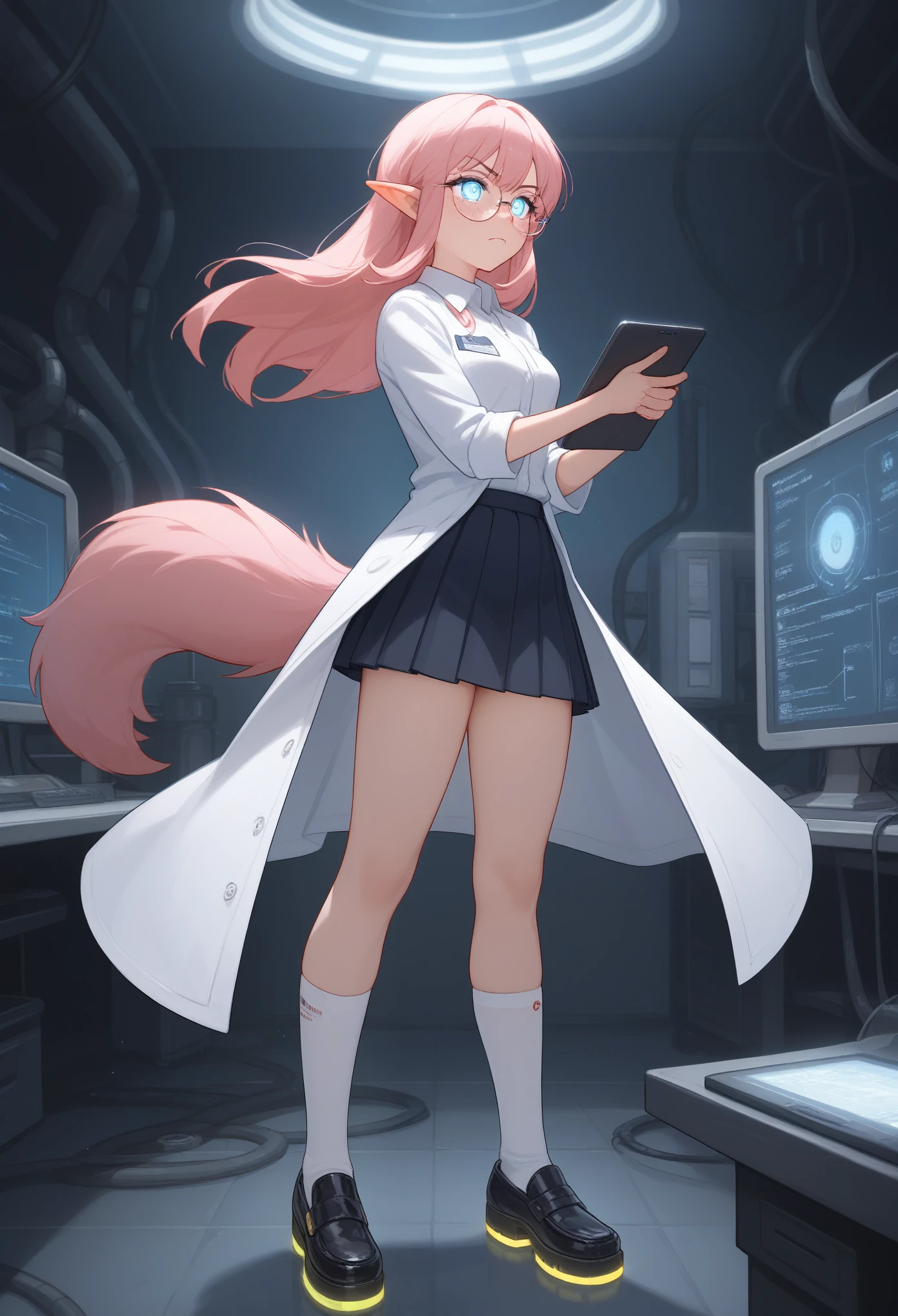 a young female scientist with distinct wolf-like features, such as pointed ears and a long, soft, pink tail. Her expression is focused and serious, conveying deep concentration on her work. She has pink hair that is neatly tied back, with a few strands framing her face, and she wears thin, round glasses that reflect the light of nearby glowing lab screens. Her attire consists of a tailored, white lab coat that fits snugly, with a subtle emblem of a scientific organization embroidered on the chest. Beneath the coat, she wears a dark green, high-collared blouse, accented with gold trim, and a knee-length, pleated black skirt. She also wears knee-high white socks and brown, buckled shoes. The laboratory setting is futuristic, filled with sleek, glowing equipment, floating holograms, and various scientific instruments. A large, transparent screen hovers in front of her, displaying complex graphs and data, with a faint blue glow illuminating her face. Her hands hold a tablet or clipboard tightly, while her wolf tail sways subtly in the background, showing her deep focus. The overall atmosphere is serious, professional, and dedicated, as if she’s in the middle of an important breakthrough. detailed face, extremely detailed eyes, masterpiece, 4k, 8k, high-res, ultra-detailed, physically-based rendering, vivid colors, studio lighting cinematic lighting, dramatic lighting, dramatic composition, dynamic pose, volumetric lighting, Nice ass, B-cups, Cute breasts, shapely figure, Serious expression, glowing eyes, freckles, Full Body