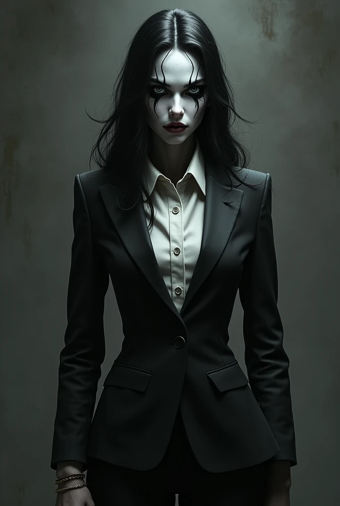 (beste-Qualit), (tmasterpiece), (Gloomy color scheme:1.5), Full-body shot, cowboy shot, standing at full height, 1girl in costume, androgynous vampire, junji ito 4 k, with long dark hair, ito junji art, style of junji ito, Dark Costume, portrait of sadako of the ring, Gentle androgynous princess , Beautiful androgynous princess , with her long black hair, girl in suit, (big yellow eyes:1.3), fangs, detailing, (generous cleavage), Burst breasts, extra high resolution, 8K, (The blood on her lips runs down her neck), (Lovely Medium Breasts), perfect anatomy, (Gloomy color scheme:1.5), (shapely body), Microthongs, Beautiful slender legs, white socks, Short socks, sexypose, (Hands Behind Your Back:1.2), (Looking down), (The gaze is directed downwards),