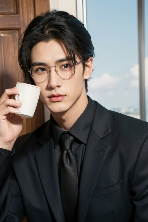 (front view:1.4), 1man 40 year old, solo, korean style, brown(spike hair), blurry_background, red neon light, glasses, holding cup of coffee