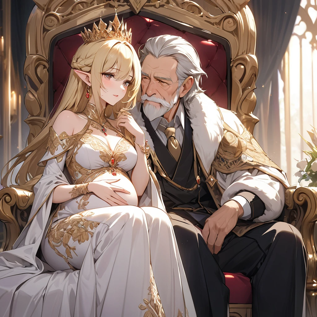 ((Best Quality)), ((masterpiece)), (detailed), （Perfect Face）、The woman was Seras Ashlain, a blonde high elf queen wearing a royal white dress with gorgeous gold embroidery and trim, adorned with gorgeous jewelry and an engagement ring.、A woman is sitting on a large, luxurious throne with an elderly man, a dignified king, and an elegant, noble queen who loves and follows the king with all her heart.、The old man is a king and he embraces the woman and makes love to her、The woman is pregnant