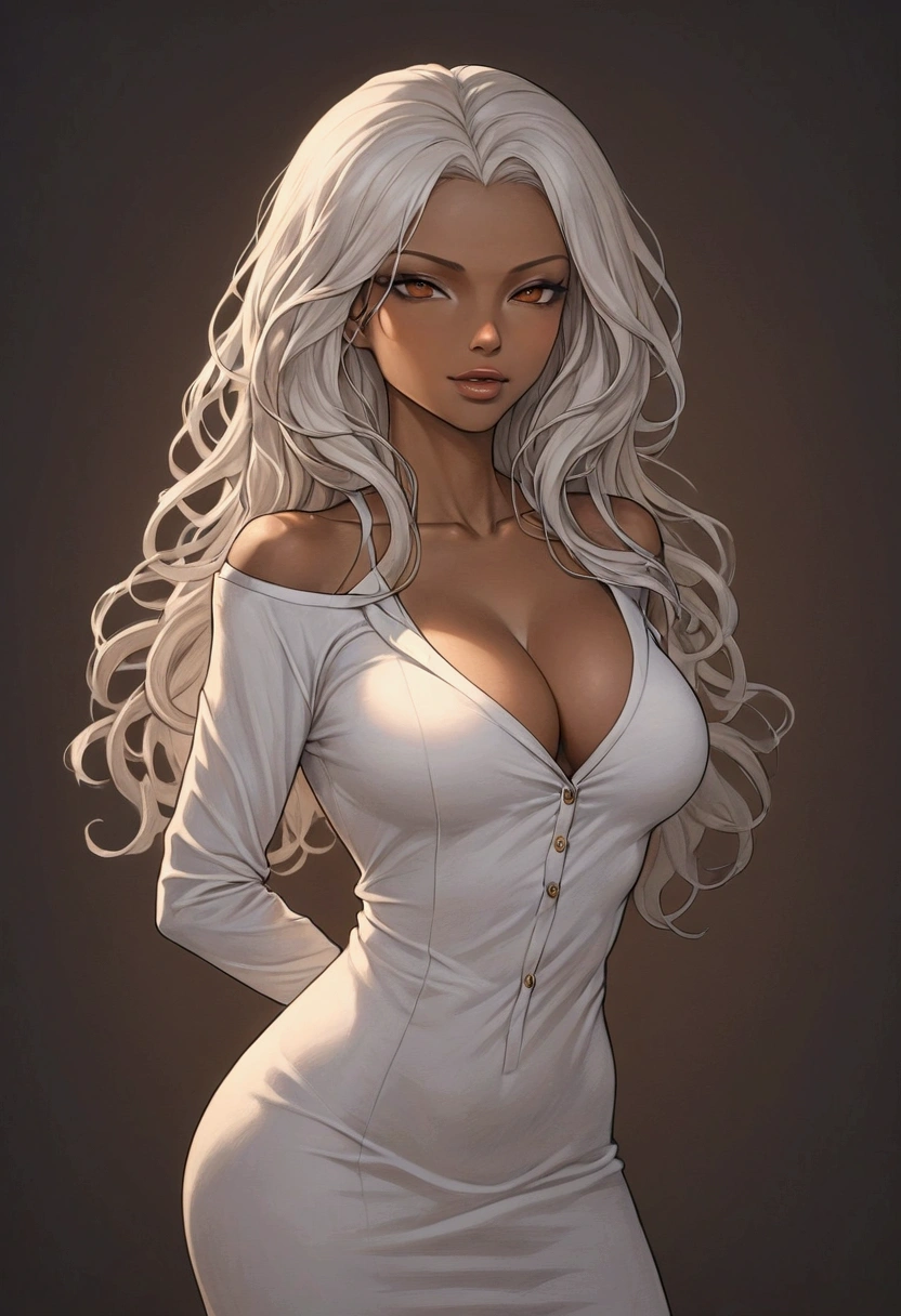 (best quality, masterpiece:1.2), Sketch of a hot looking dark brown skin woman standing in front of us. She has brown eyes and long curly white hair. She has vampire fangs. She has a nice curve physique. She is wearing a solid slim button long sleeve shirt dress. Shadow background. Sketch. Shading. Lighting, hyperrealistic and photorealistic style, detailed skin texture and coloring, arms behind back, big breasts, 