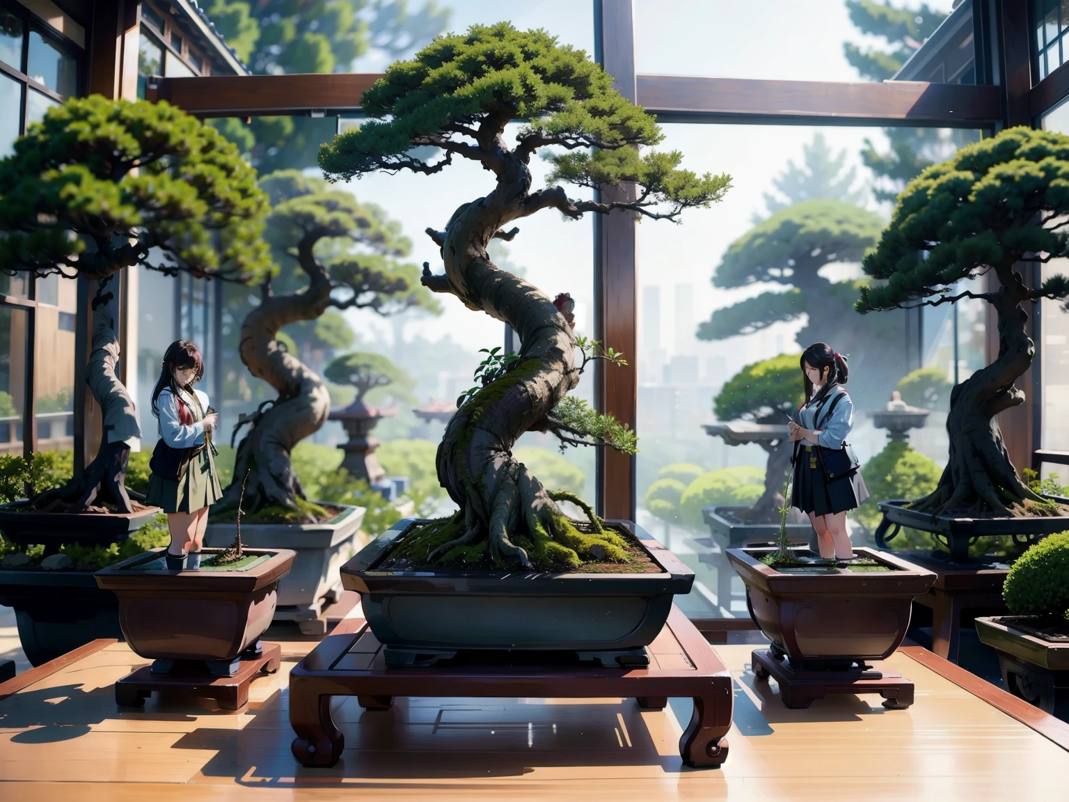 (A female student and a bonsai:1.2)、bonsai, Famous Bonsai Garden, (Lots of bonsai:1.2)、A wonderful masterpiece、High-end display stand、(Blur the background)、Best Quality、High image quality、masterpiece、4K、8k、wallpaper、
