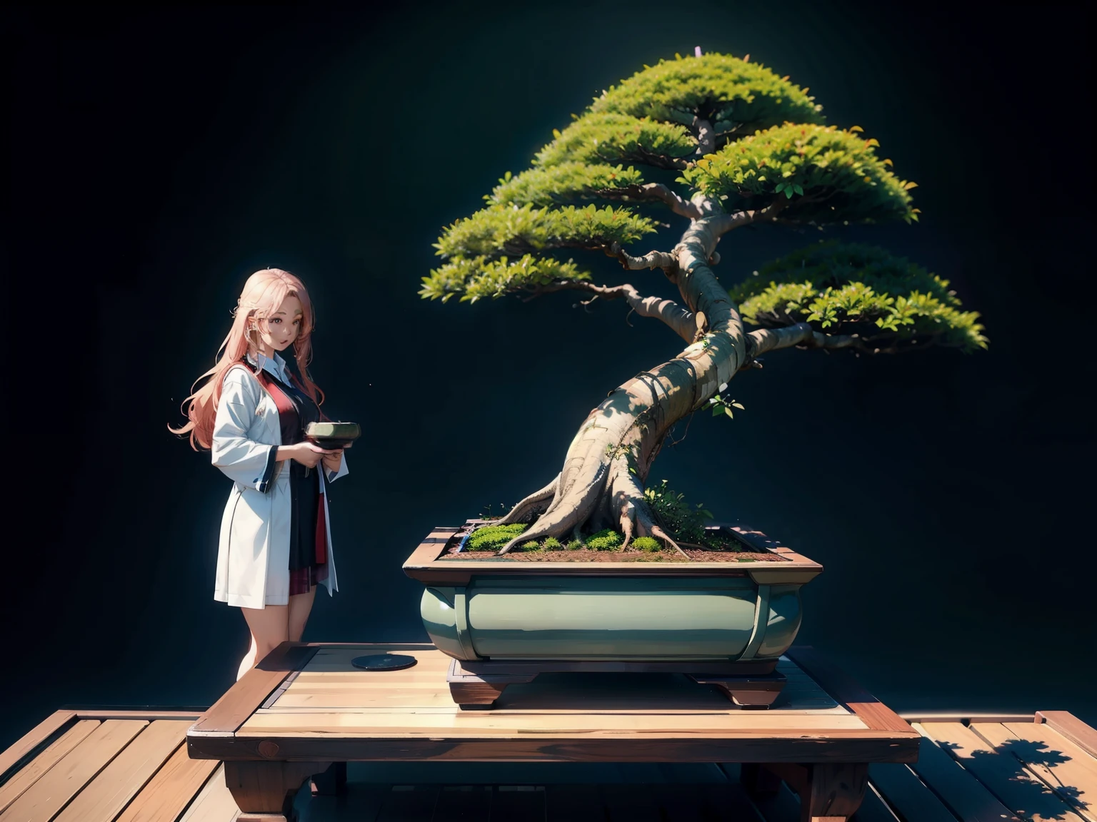 (A female student and a bonsai:1.2)、bonsai, Famous Bonsai Garden, (Lots of bonsai:1.2)、A wonderful masterpiece、High-end display stand、(Blur the background)、Best Quality、High image quality、masterpiece、4K、8k、wallpaper、