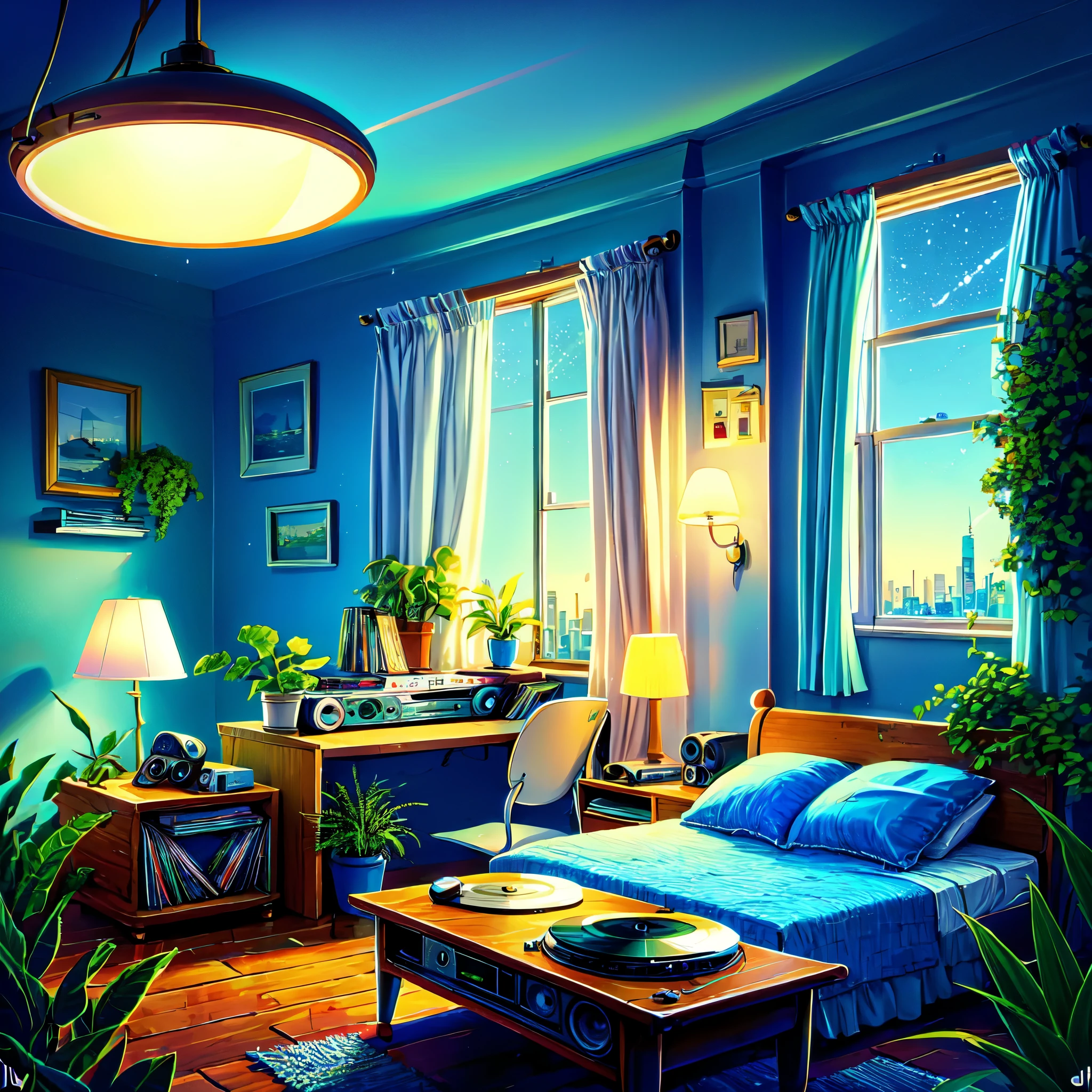 Lo-fi illustration of a bedroom, early evening sky. some lights in the city mixing with the natural light from the window, a light fixture. a record player, with simple furniture and plants around