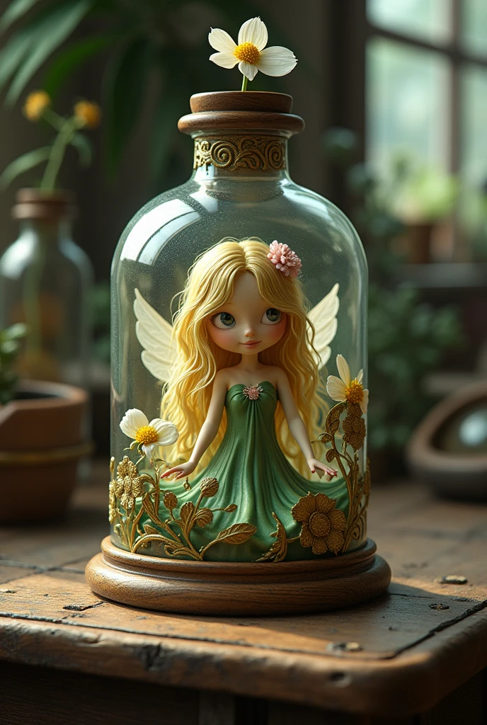 ((Fairy trapped inside a big bottle))、Luminescent、a blond、closing eye、Very cute、feather、Planktonic、Flower garden in a bottle、((The background is１Farbe))、Put the whole bottle inside the screen